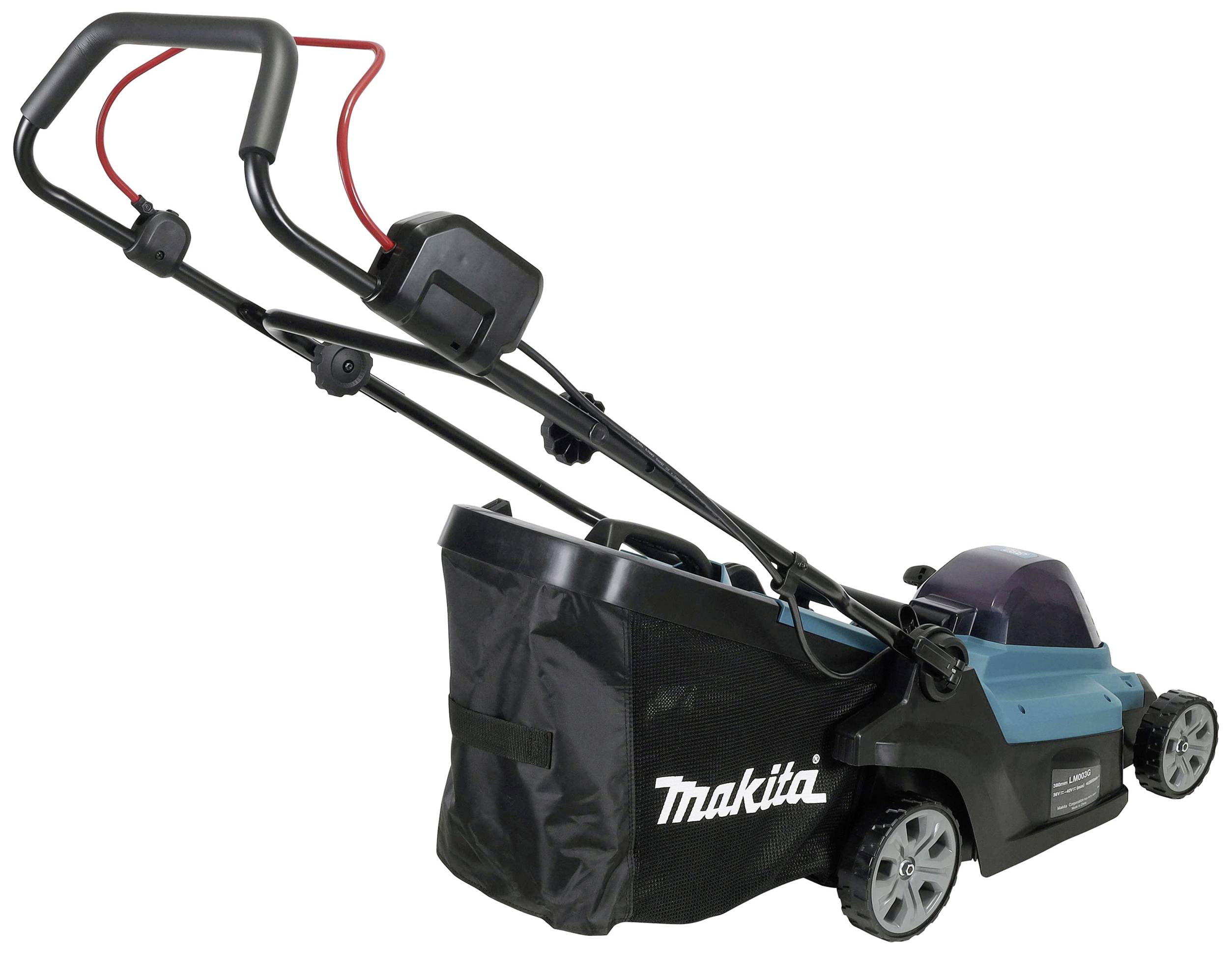 Rasenmäher von Makita mit schwarzen Griffen und einem Grasfangsack, seitlich abgebildet.