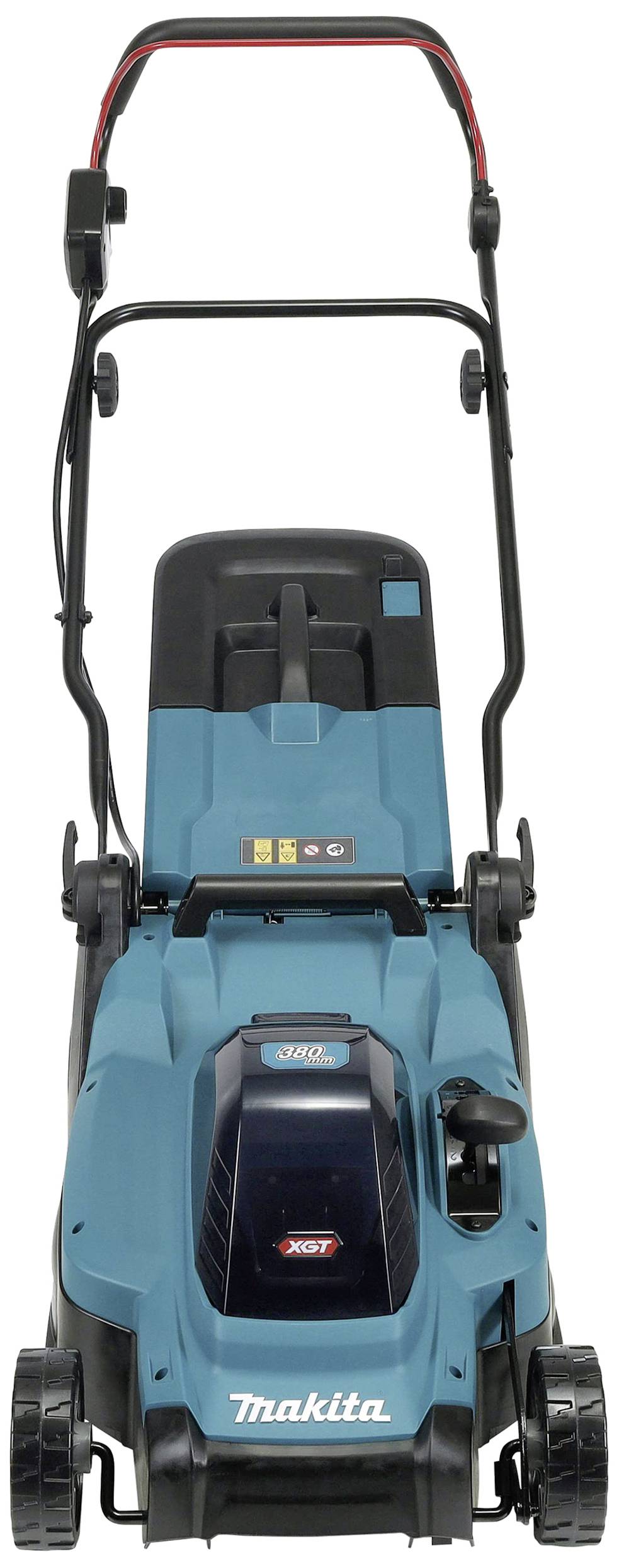 Elektrischer Rasenmäher mit blauer Abdeckung und schwarzem Griff. Markenname 'Makita' auf der Vorderseite, geeignet für Rasenpflege.