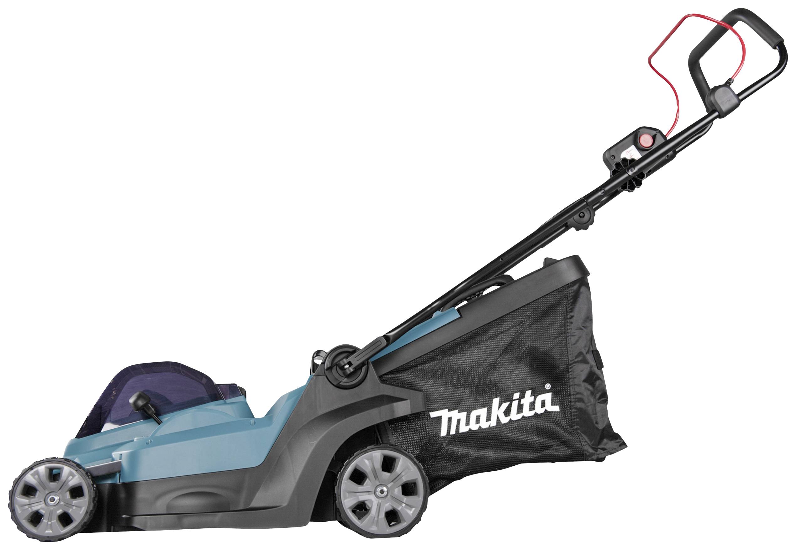 Ein elektrischer Rasenmäher mit blauer Abdeckung und schwarzem Griff. Die Marke 'Makita' ist auf dem schwarzen Grasfangkorb sichtbar.