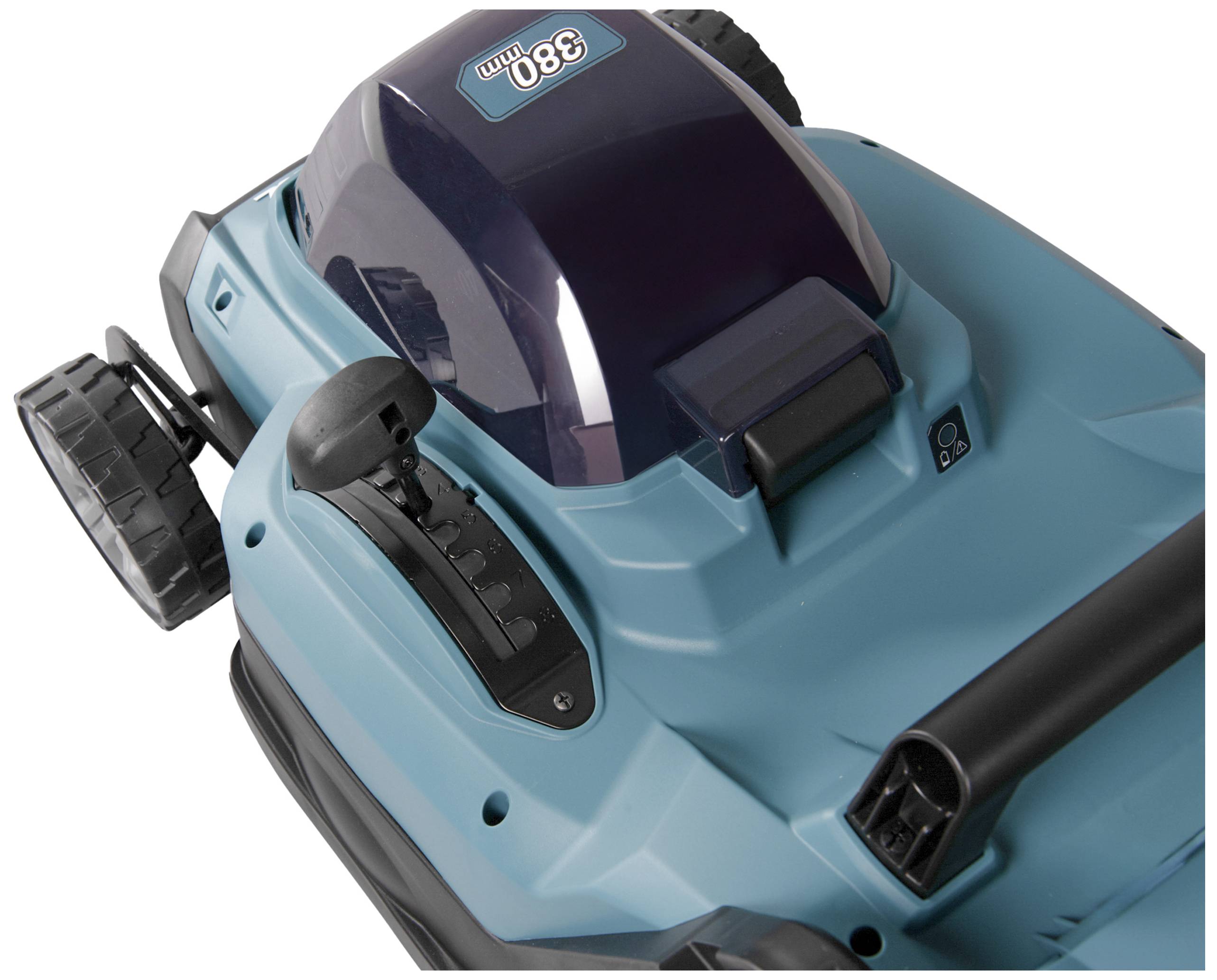 Rasenmäher-Roboter in nahaufnahme; blaue Abdeckung mit Bedienelement und Anzeigefeld.