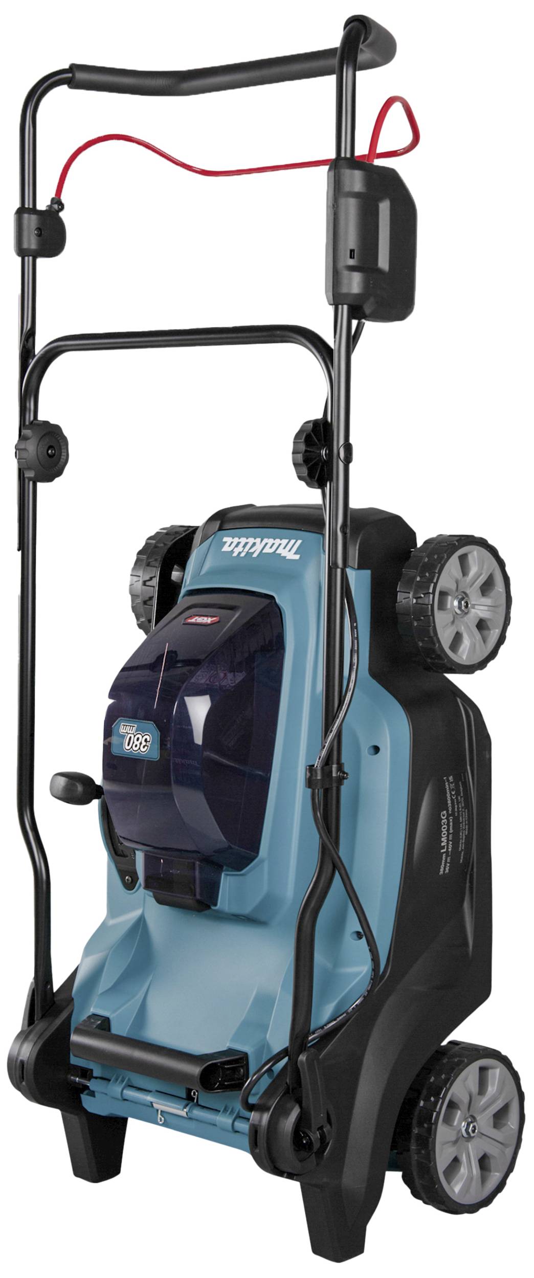 Elektrischer Rasenmäher in blau mit schwarzem Griff und roten Kabeln, zwei großen Hinterrädern und kleinem Fangkorb auf der Rückseite.