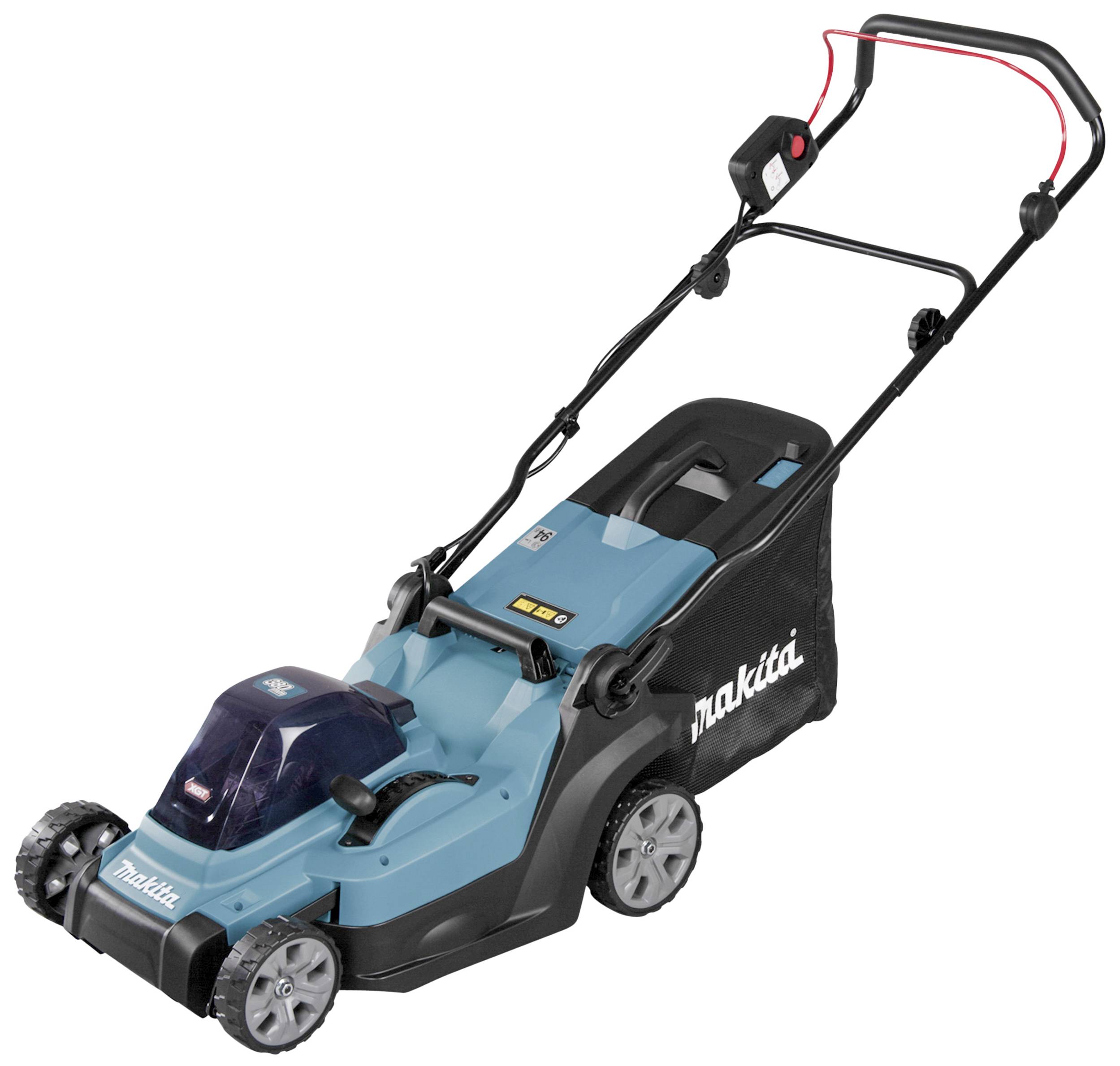 Elektrischer Rasenmäher mit blauer Abdeckung, vier schwarzen Rädern und einem grünen Grasfangsack. Ideal für kleine bis mittelgroße Gärten.