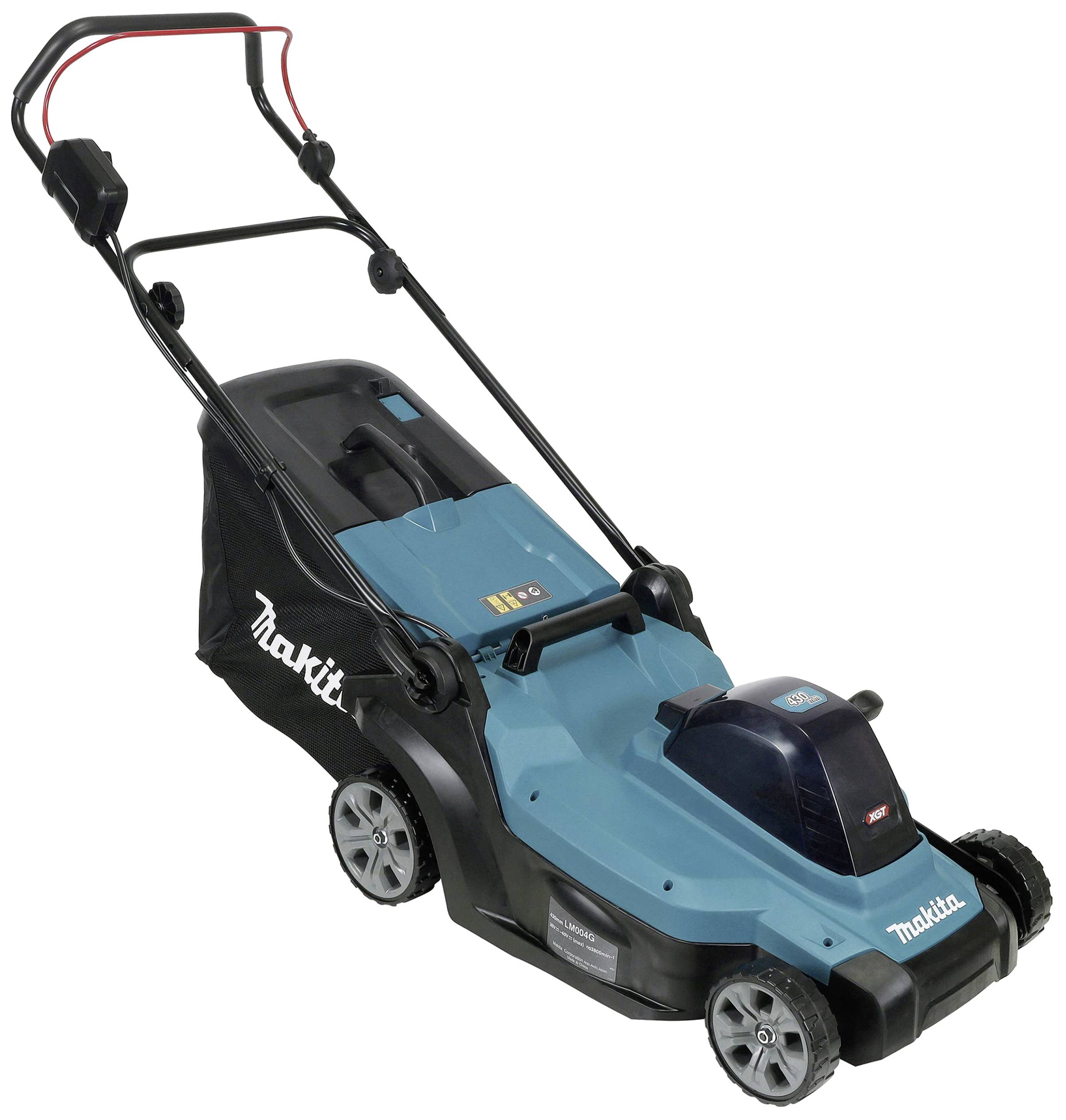 Ein blauer und schwarzer Rasenmäher mit Elektrostarter und Fangkorb.