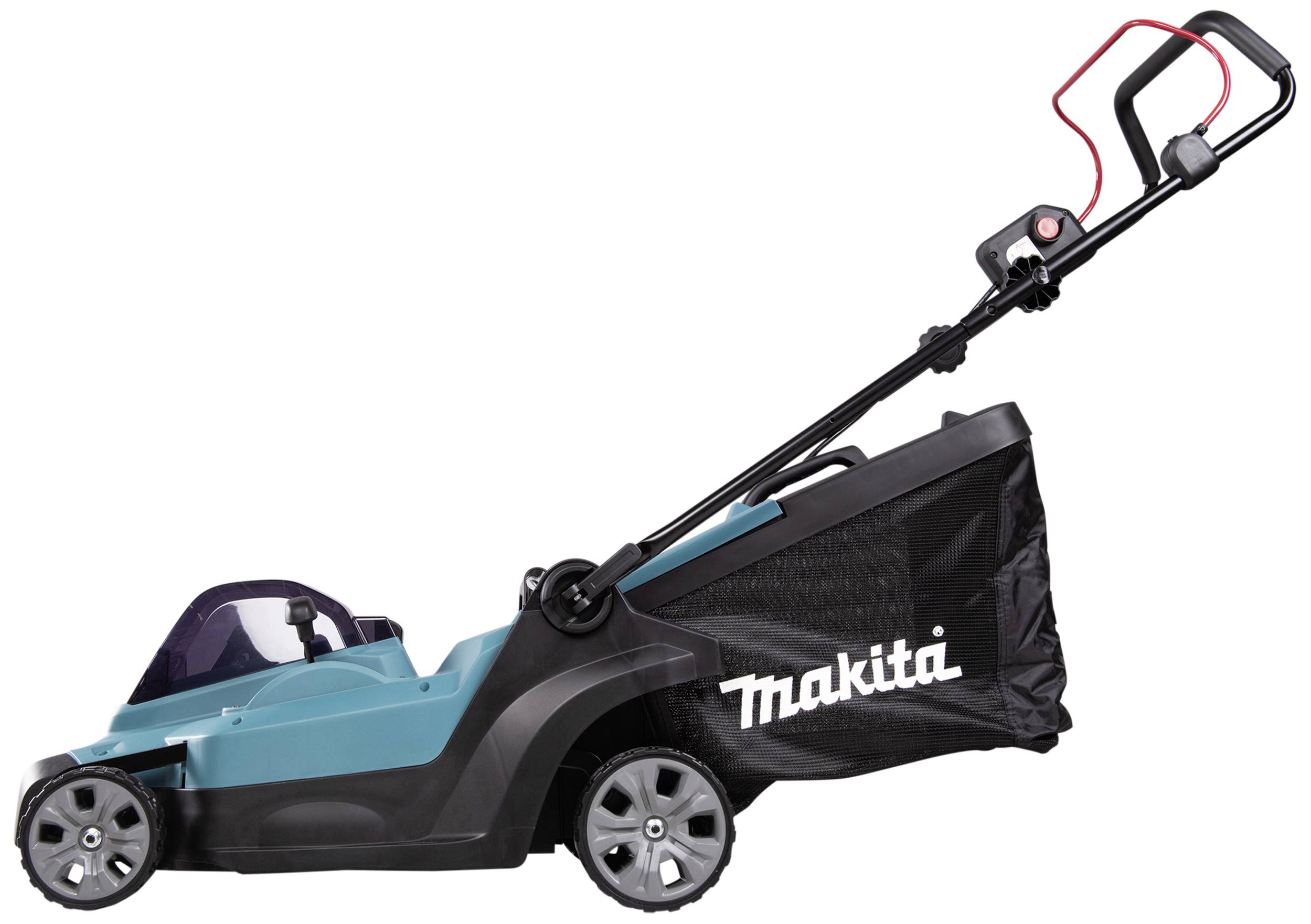 Rasenmäher von Makita mit grasgrünem Gehäuse, schwarzem Fangkorb und verstellbarem Griff. Ideal für mittelgroße Gärten.
