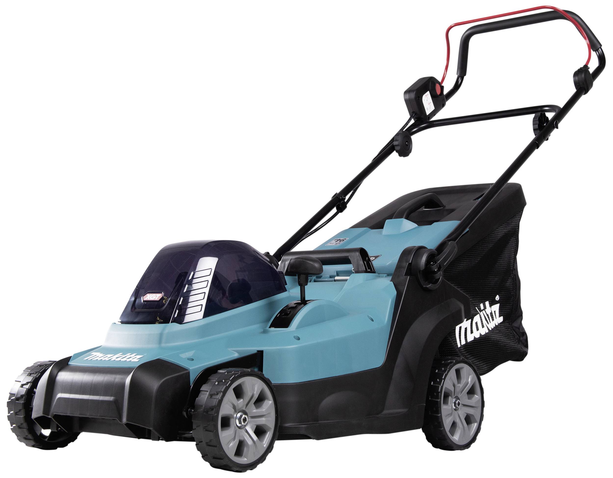 Ein blauer Elektro-Rasenmäher mit schwarzem Griff und Fangkorb. Vier robuste Räder ermöglichen einfache Bewegung auf dem Rasen.