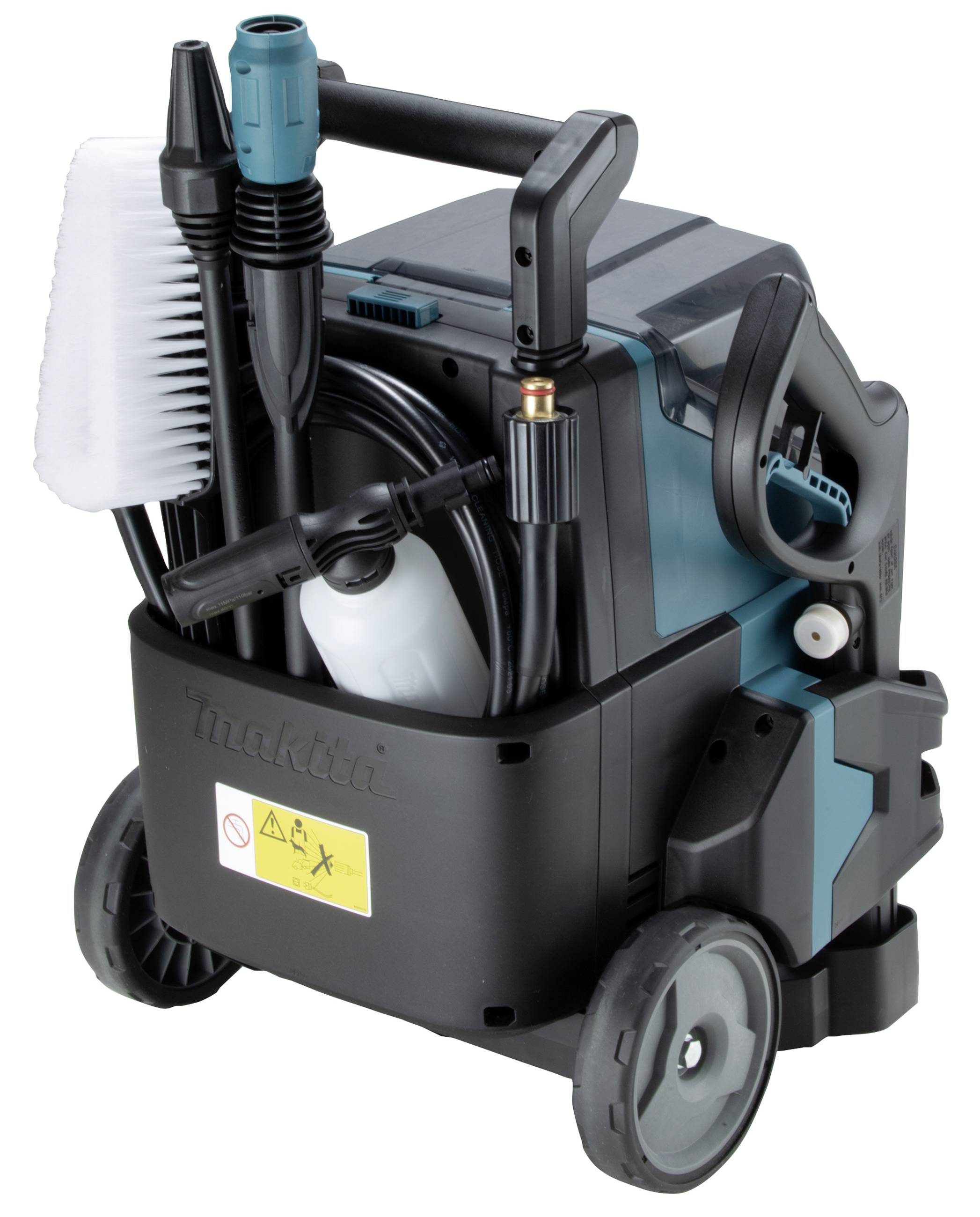 Ein tragbarer Hochdruckreiniger auf Rädern, mit verschiedenen Reinigungsdüsen und -bürsten sicher verstaut an den Seiten.