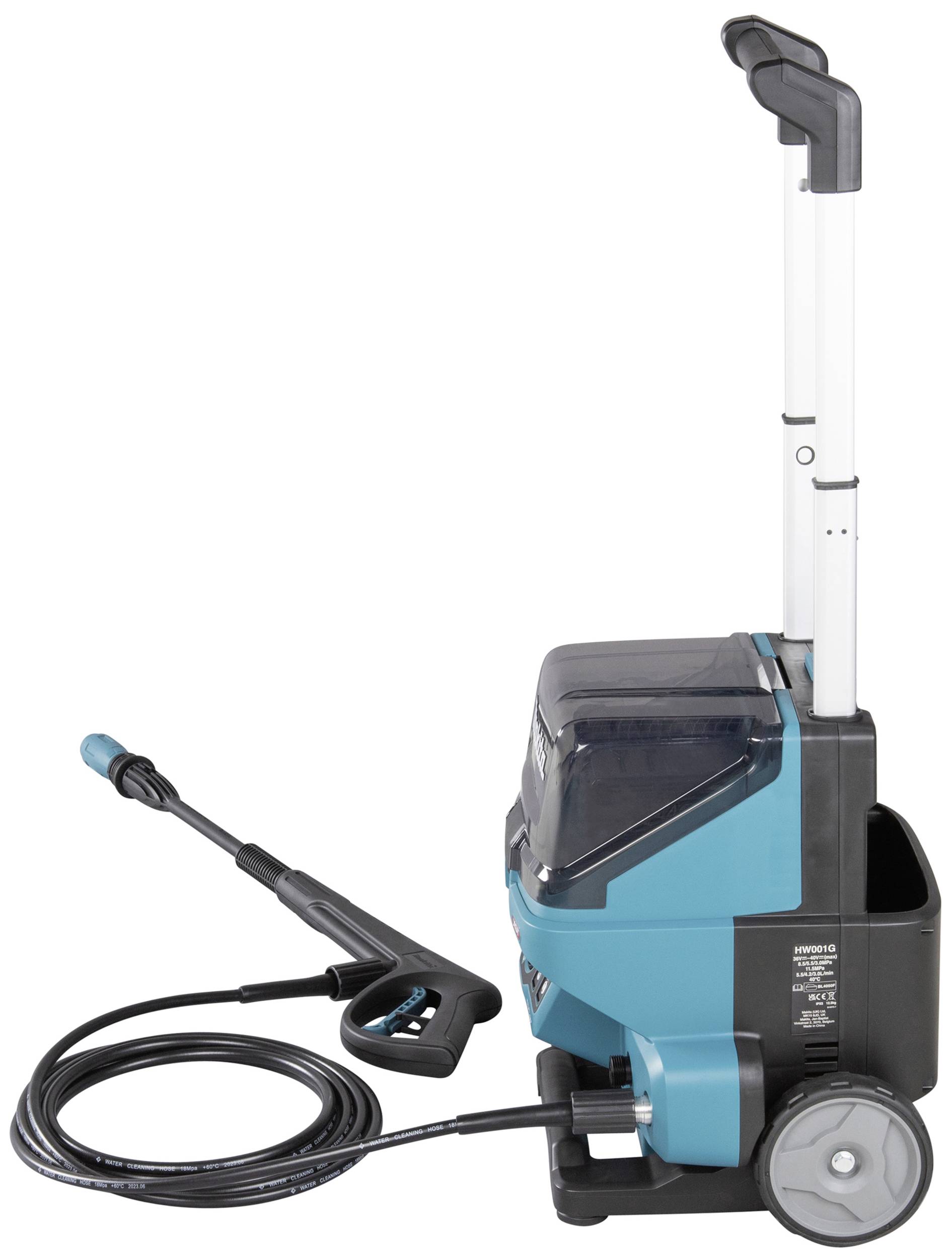 Hochdruckreiniger im Profil, mit Trolley-Griff und Schlauch.