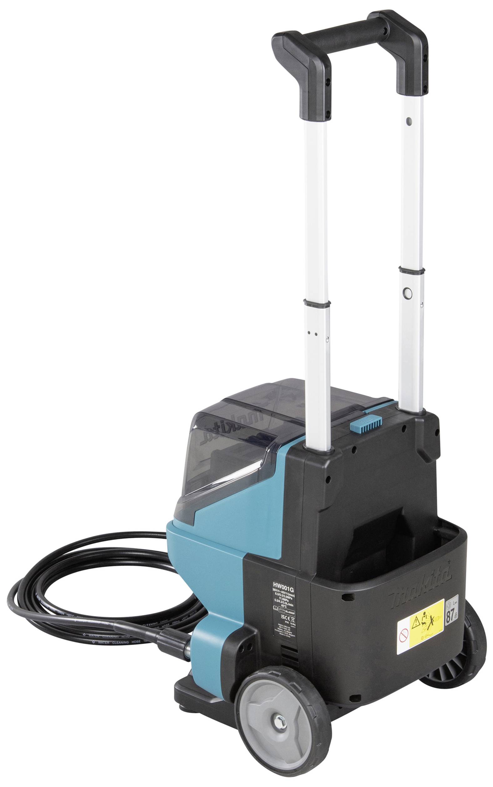 Tragbarer Hochdruckreiniger mit Rädern und ausziehbarem Griff, geeignet für die Reinigung von Außenbereichen. Modelelemente vorhanden.