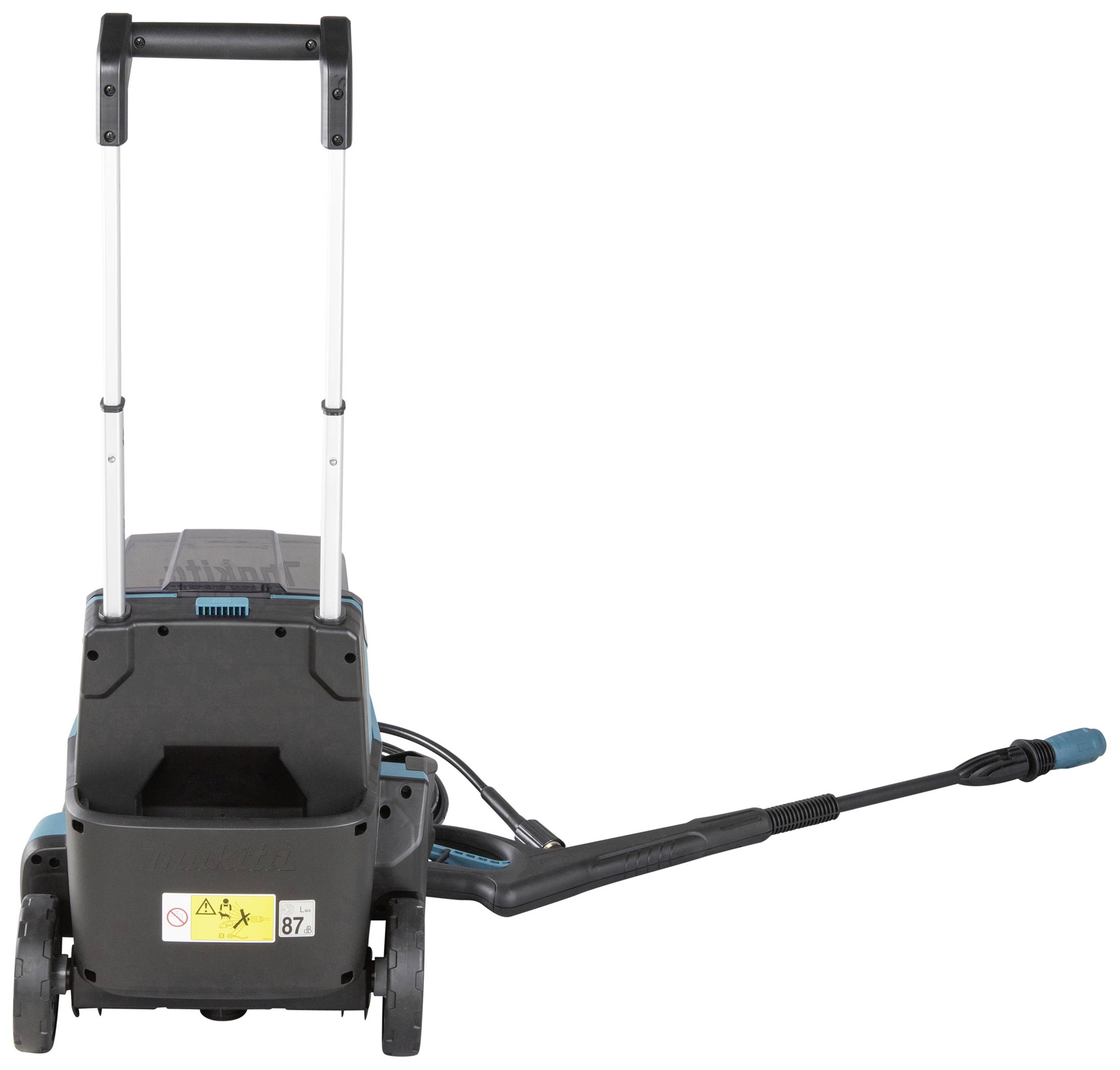 Ein Hochdruckreiniger mit Handgriff und Schlauch ist aufrecht auf zwei Rädern positioniert, bereit zur Benutzung.