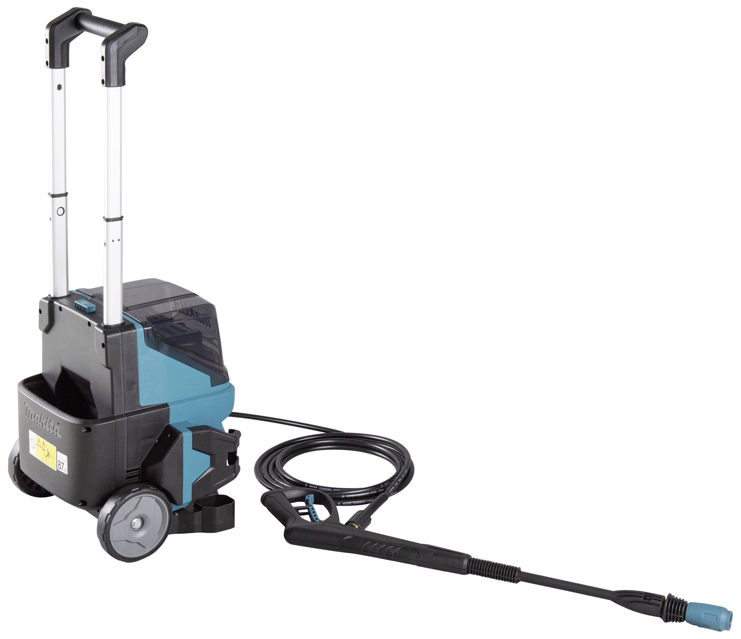 Mobiles, blau-schwarzes Hochdruckreinigungsgerät auf Rollen mit ausziehbarem Griff und langer Sprühlanze, verbunden mit einem Kabel.