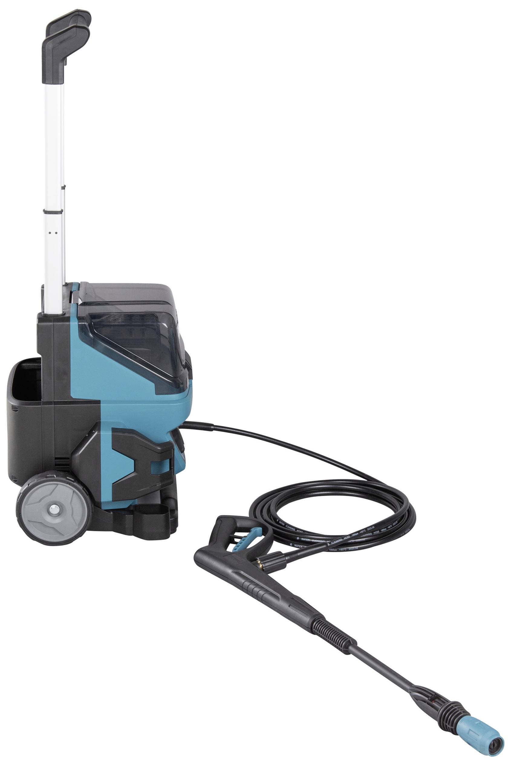 Ein tragbarer Hochdruckreiniger mit ausziehbarem Griff, Schlauch und Düse. Gehäuse in Türkis und Schwarz mit Rädern für Mobilität.