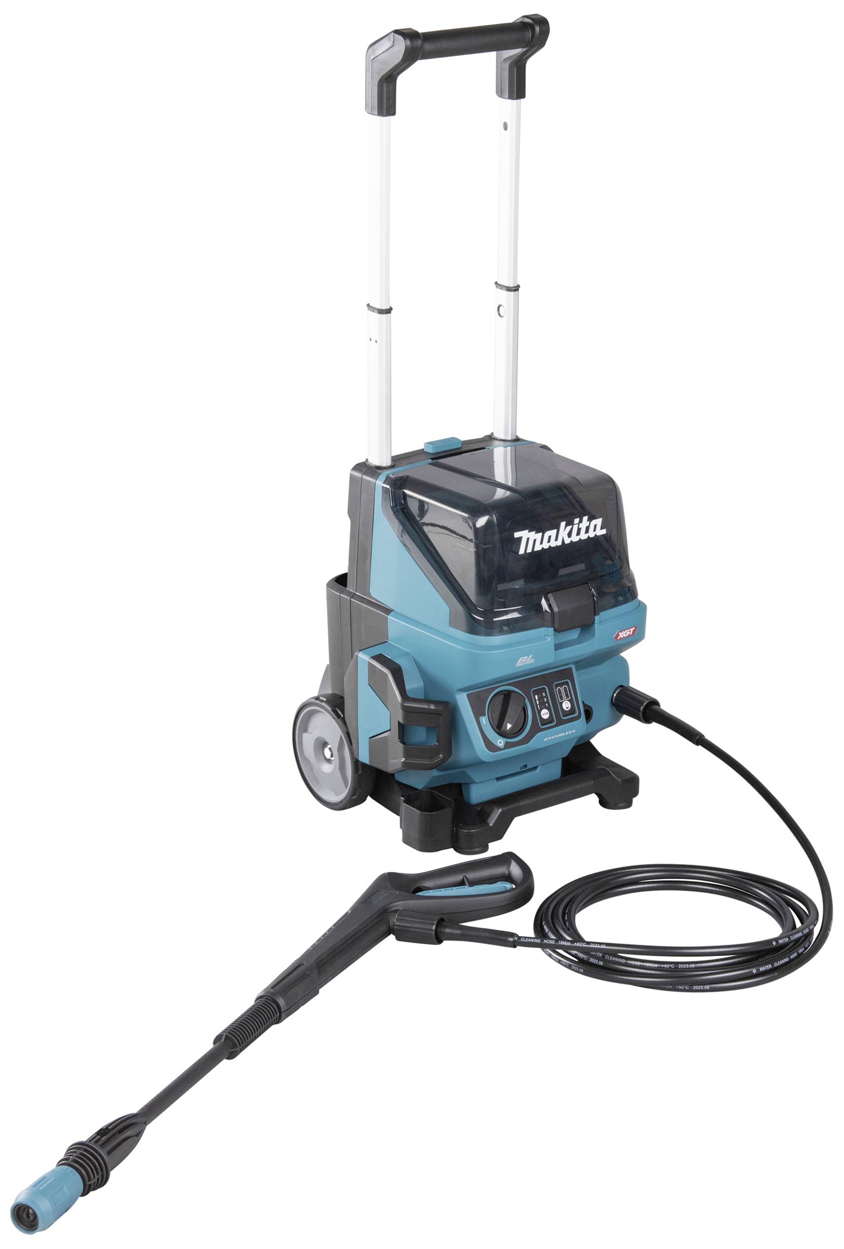 Ein tragbarer Hochdruckreiniger auf Rädern mit ausziehbarem Griff, schwarzem Schlauch und Sprühpistole.