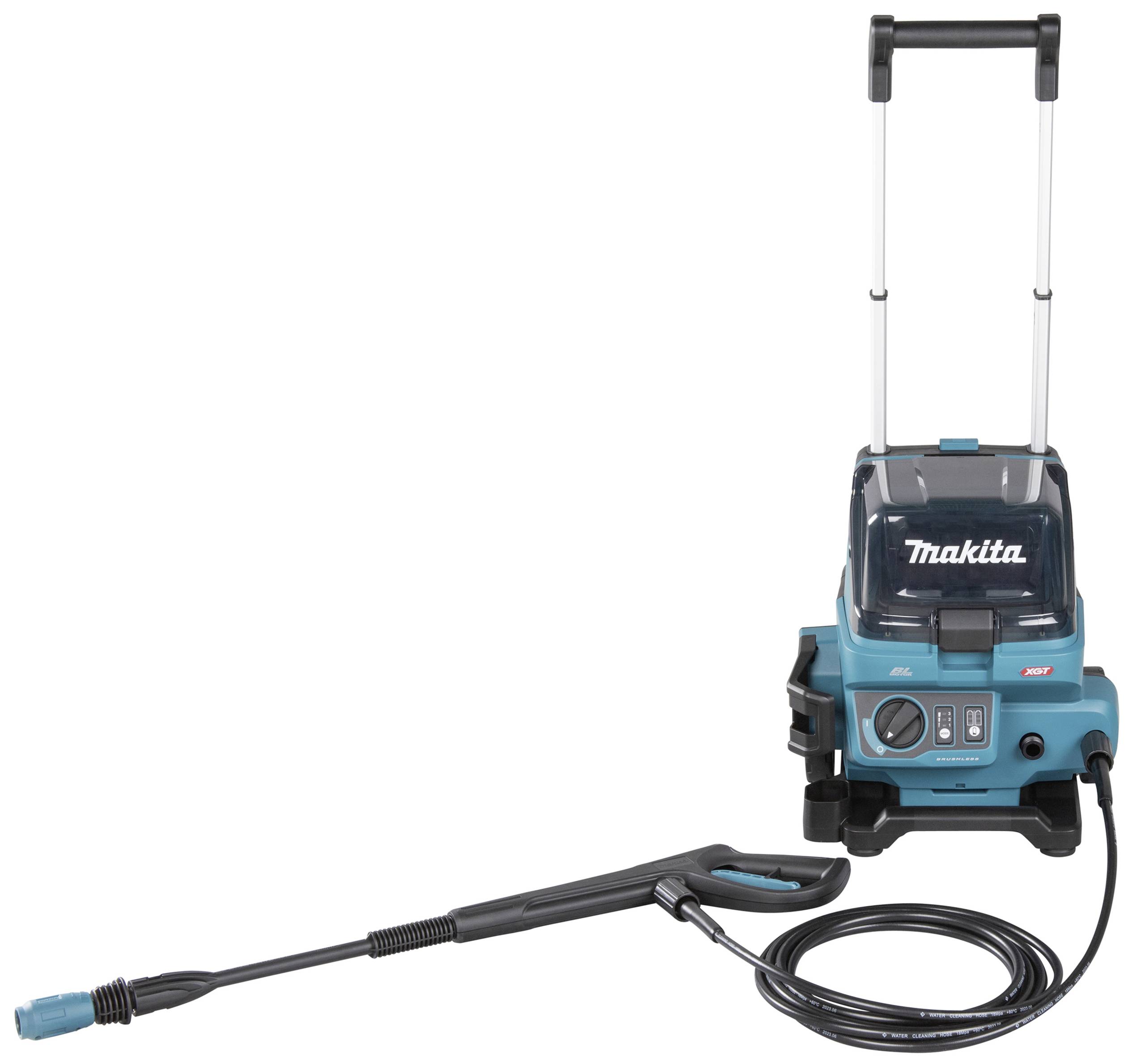 Ein tragbarer Hochdruckreiniger mit blauer und schwarzer Farbgebung, ausziehbarem Griff und Schlauch mit Sprühpistole.