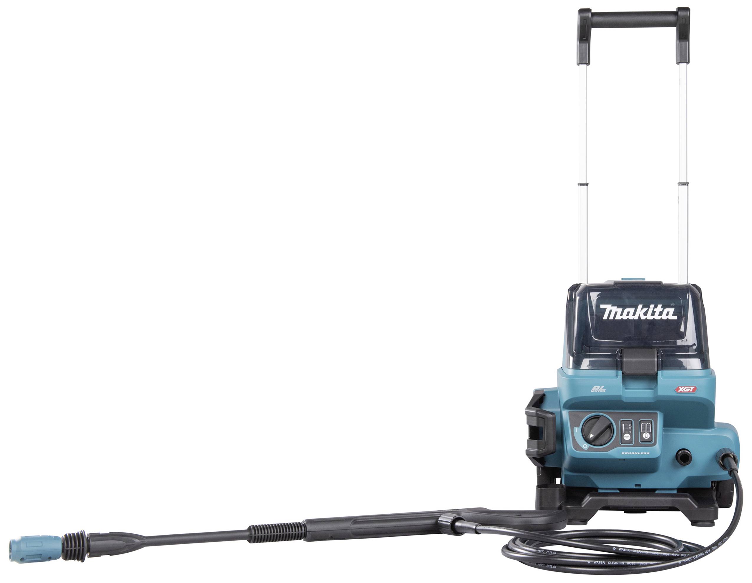 Ein tragbarer, blauer Hochdruckreiniger mit Rädern und ausziehbarem Griff, geeignet für Reinigungsarbeiten im Freien.