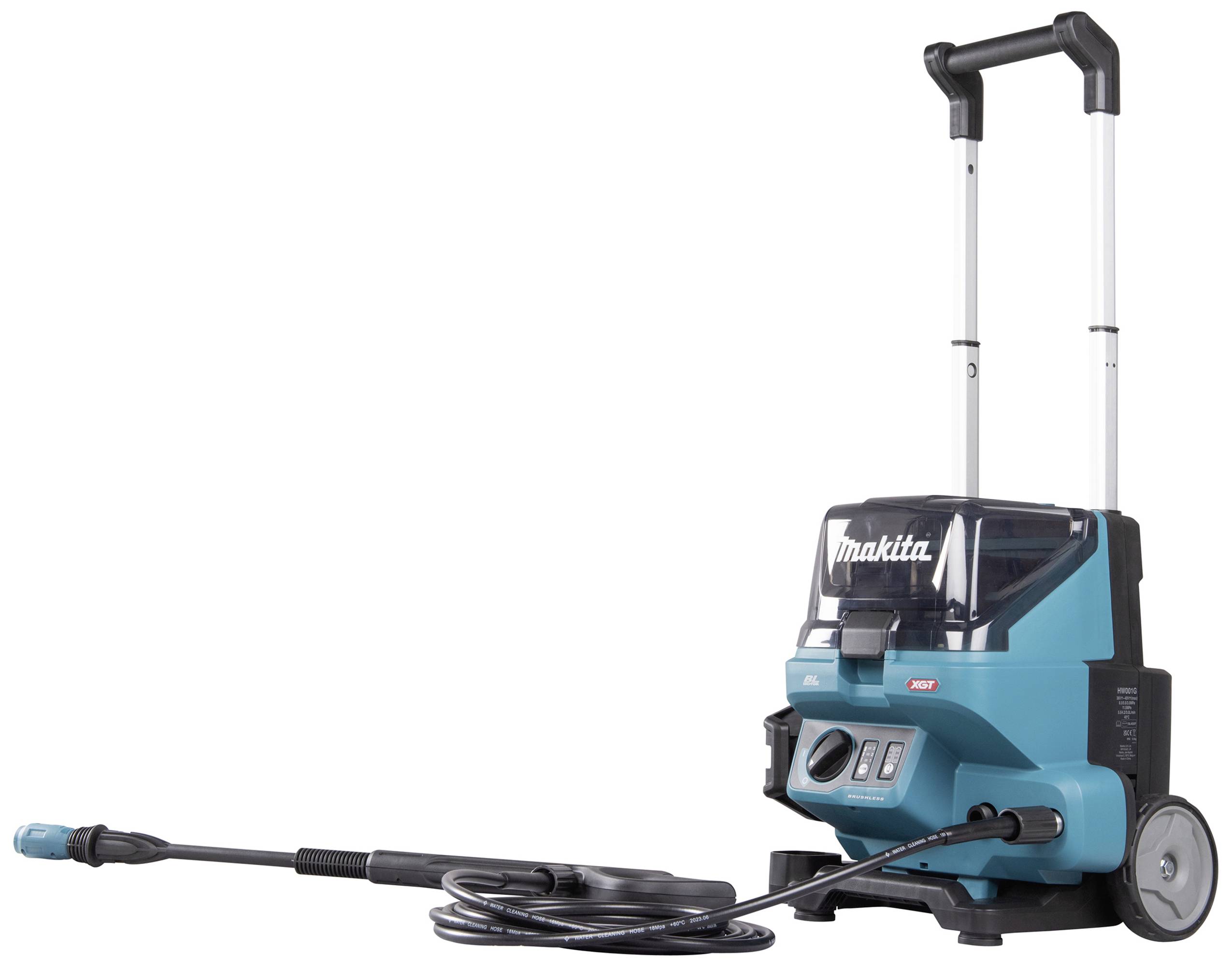 Ein tragbarer, türkisfarbener Hochdruckreiniger mit Teleskopgriff und Schlauch, geeignet zur Reinigung von Oberflächen im Außenbereich.