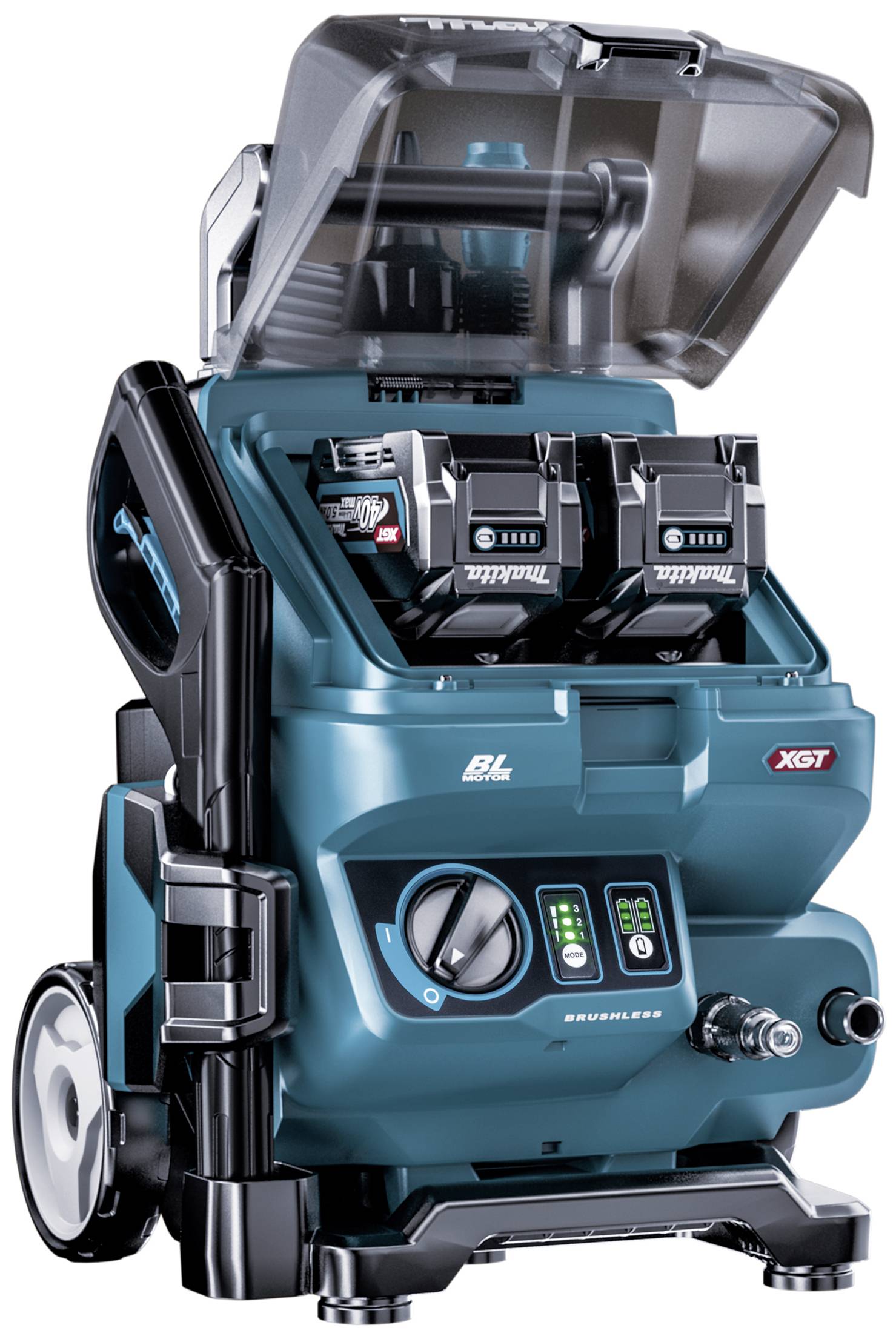 Ein blauer, industrieller 40V-Metallbandschneider mit zwei akkubetriebenen Motoren, offenem Deckel, Bedienelementen und Rädern.