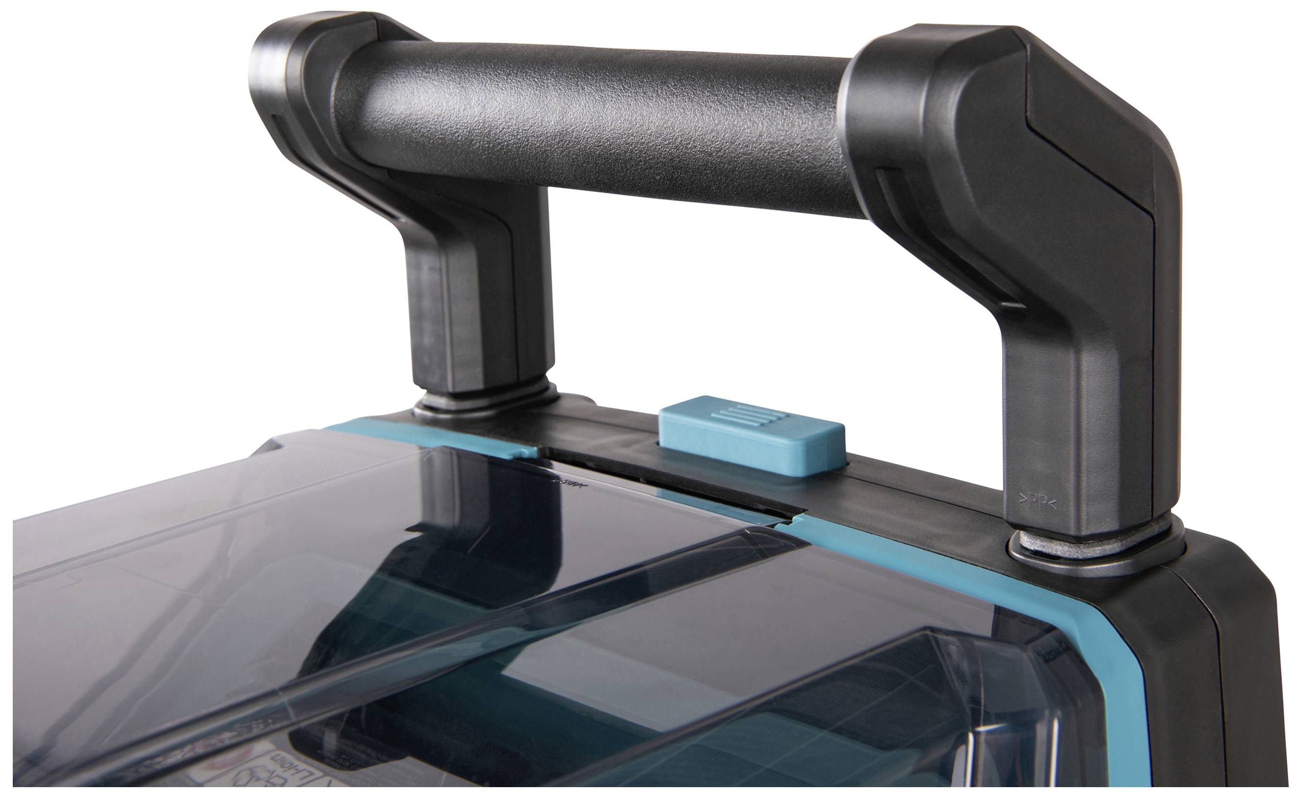 Ein tragbarer Lautsprecher mit einem robusten, schwarzen Griff und einer blauen Taste auf der Oberseite.