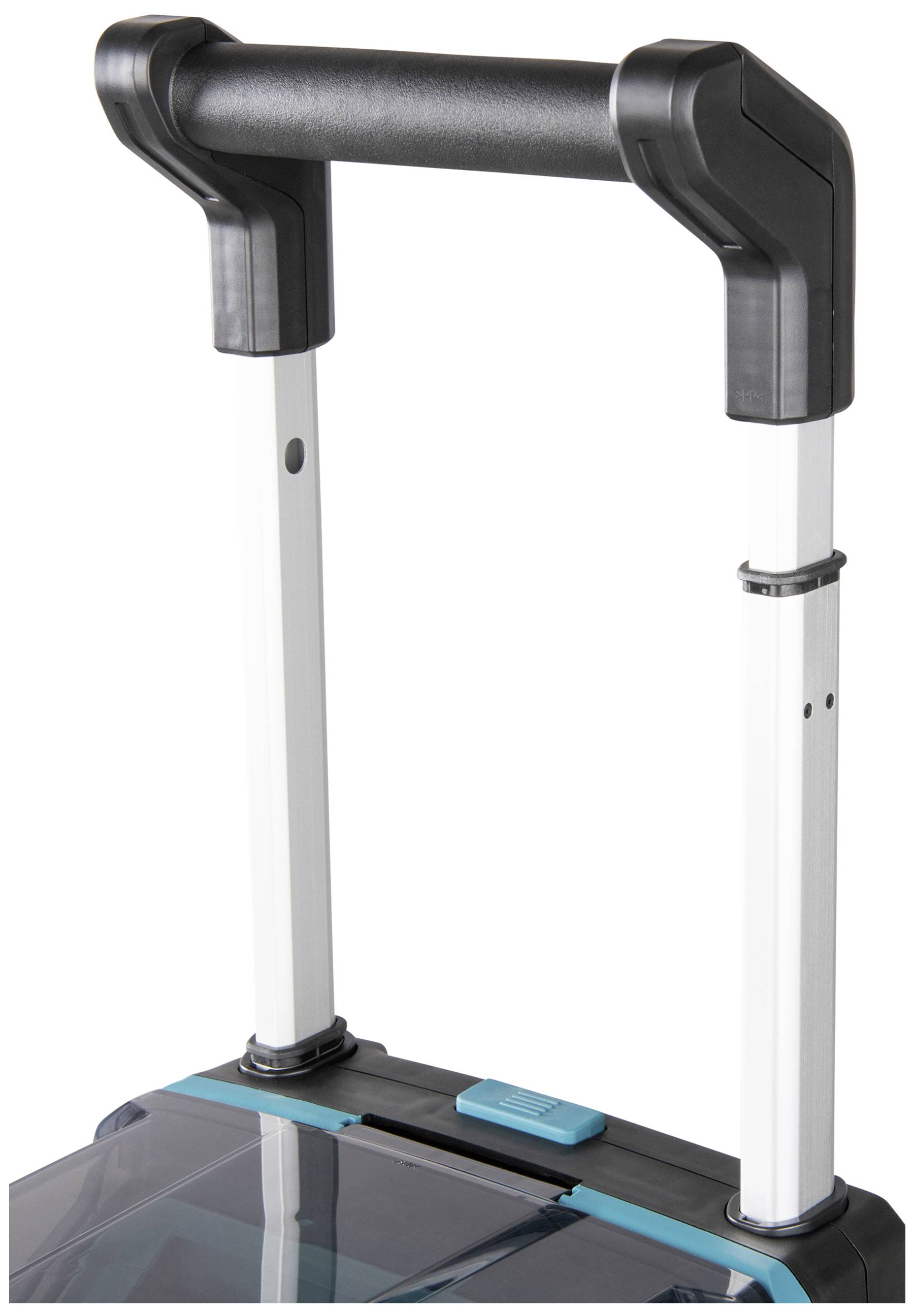 Ausziehbarer Koffergriff mit schwarzem Haltegriff und silbernen Stangen, befestigt an einer blauen Tragevorrichtung.