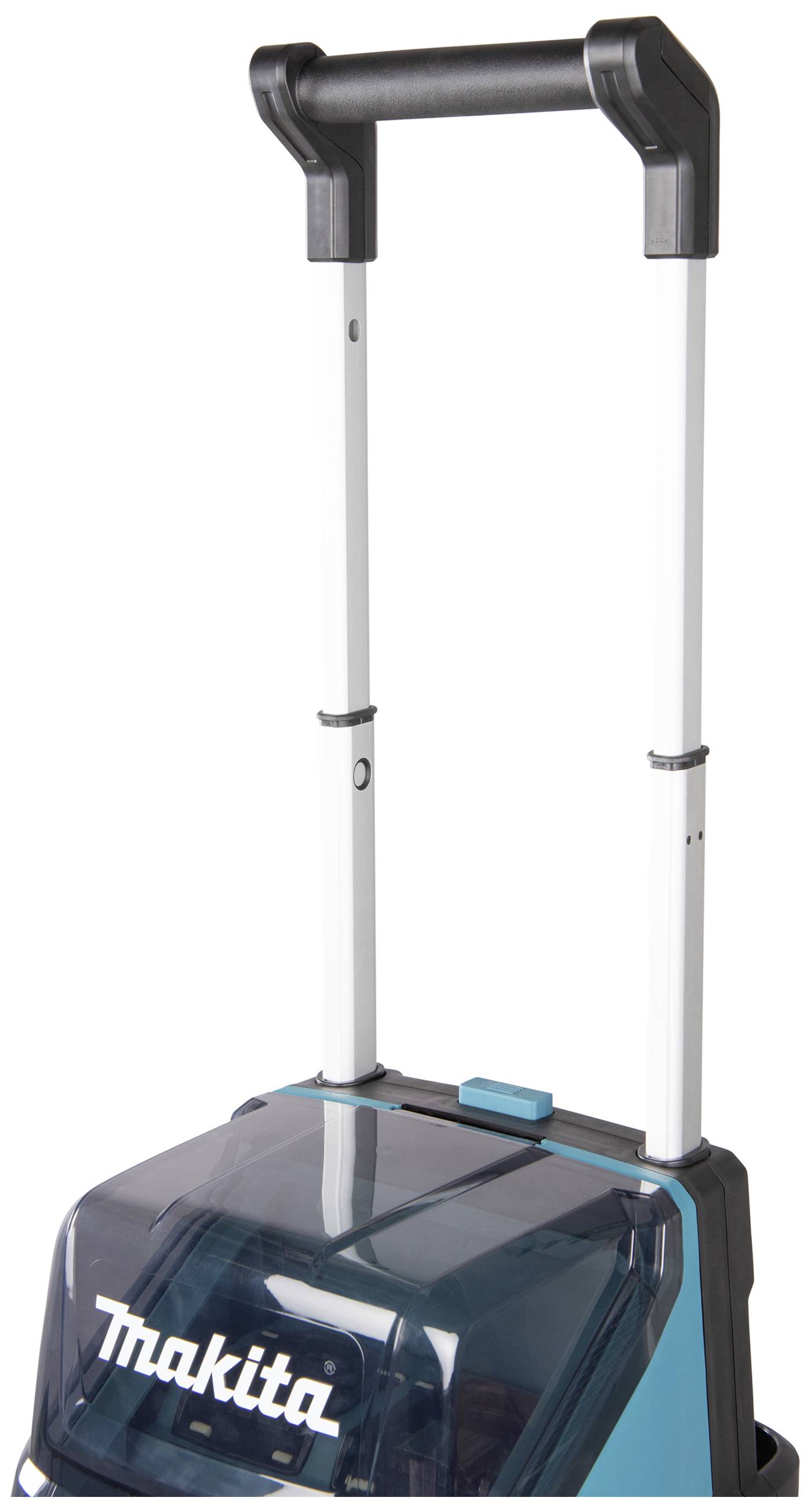 Der obere Teil eines tragbaren, blauen Staubsaugers mit ausziehbarem Griff, Markenname sichtbar auf dem Gerät.