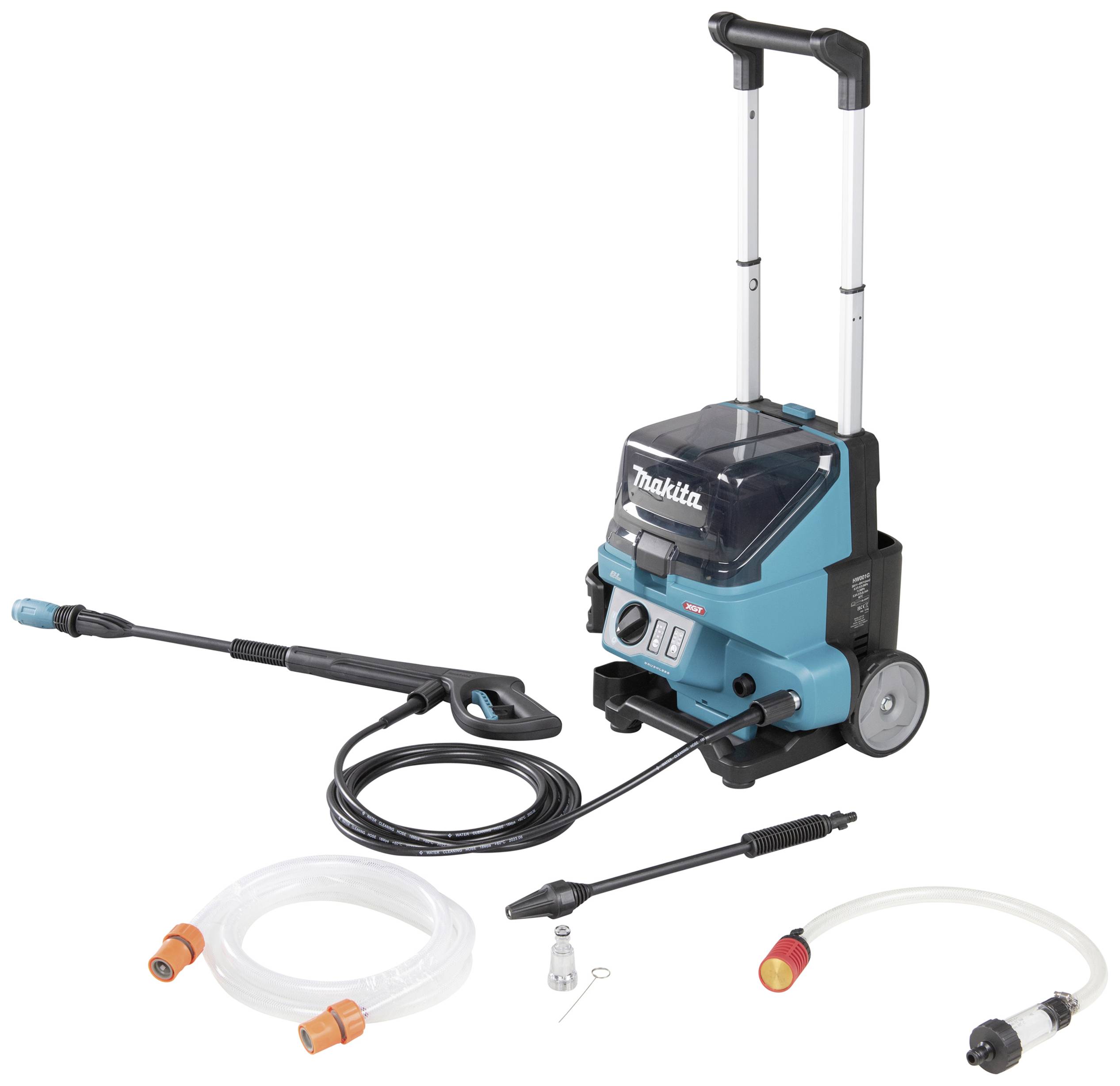 Hochdruckreiniger mit Teleskopgriff, Schlauch, Sprühlanze und Zubehörteilen. Hauptkörper in Türkis mit Rädern für einfache Mobilität.