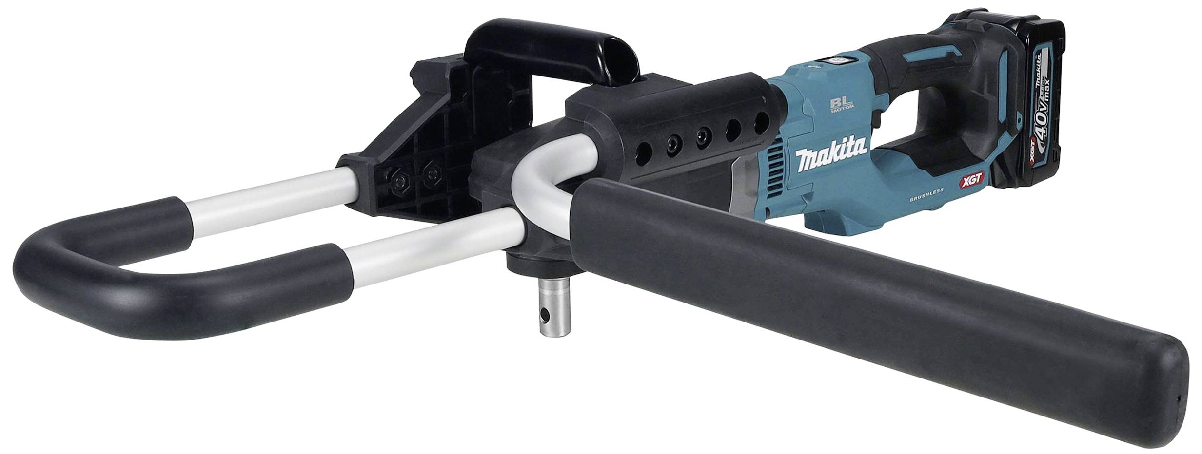 Ein elektrischer Bohrer mit einem blauen Gehäuse und einem vorderen D-Griff. Das Gerät hat eine schwarze und silberne Stange.