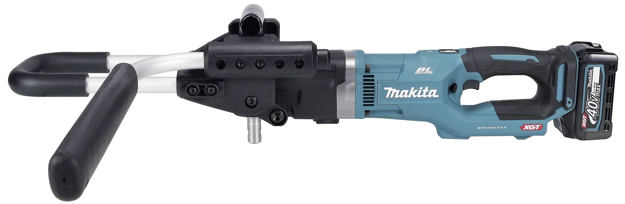 Ein blauer Elektroschrauber mit seitlichem Griff von Makita, ausgestattet mit einem 40V Akku.