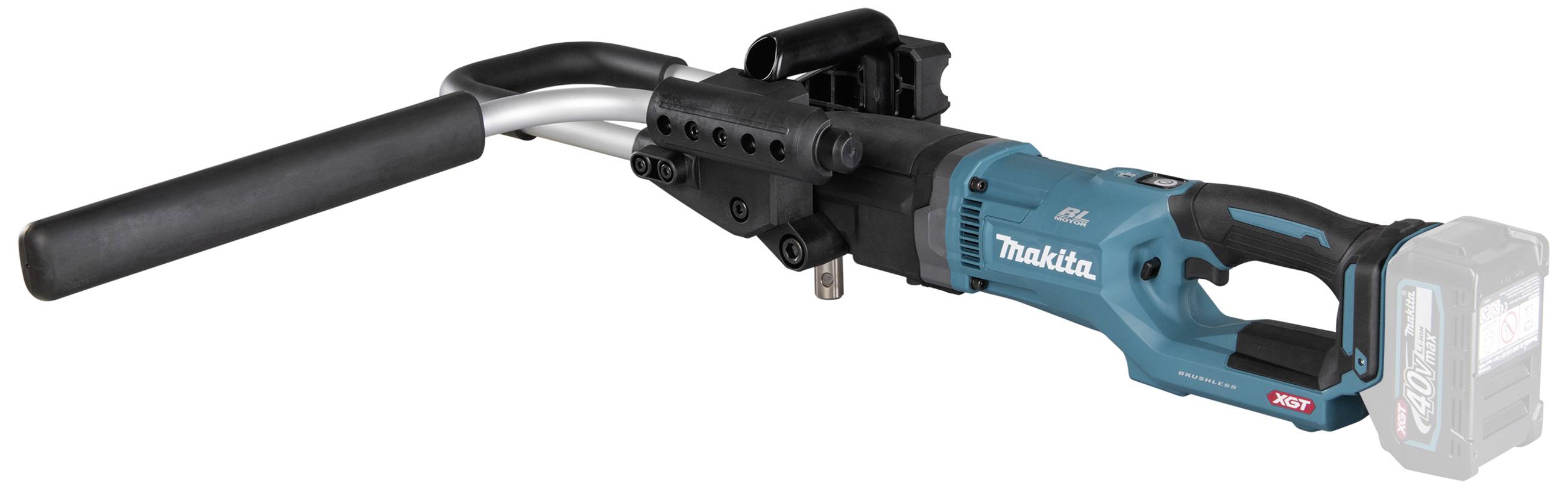 Akkuschere mit blauem Griff, schwarzem Schneidkopf und silbernem Griff. Die Marke ist Makita. Batteriefach rechts sichtbar.