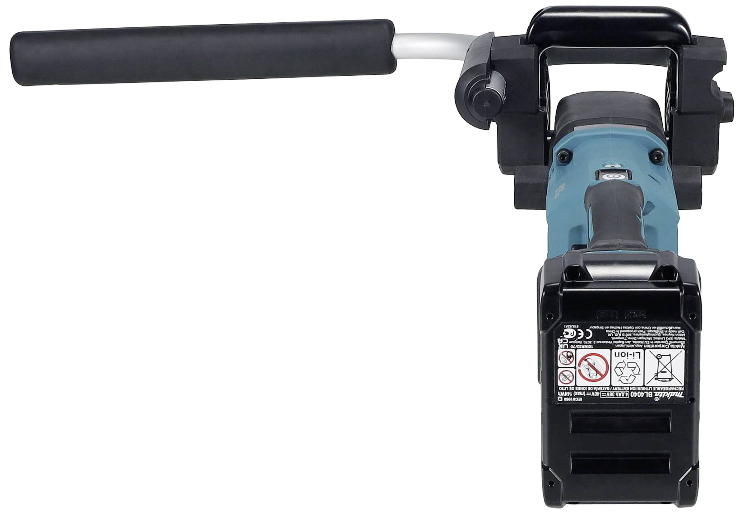 Ein elektrisches Werkzeug mit einem schwarzen Griff und blauen Gehäuse, darauf sind Sicherheitsaufkleber und Warnhinweise.