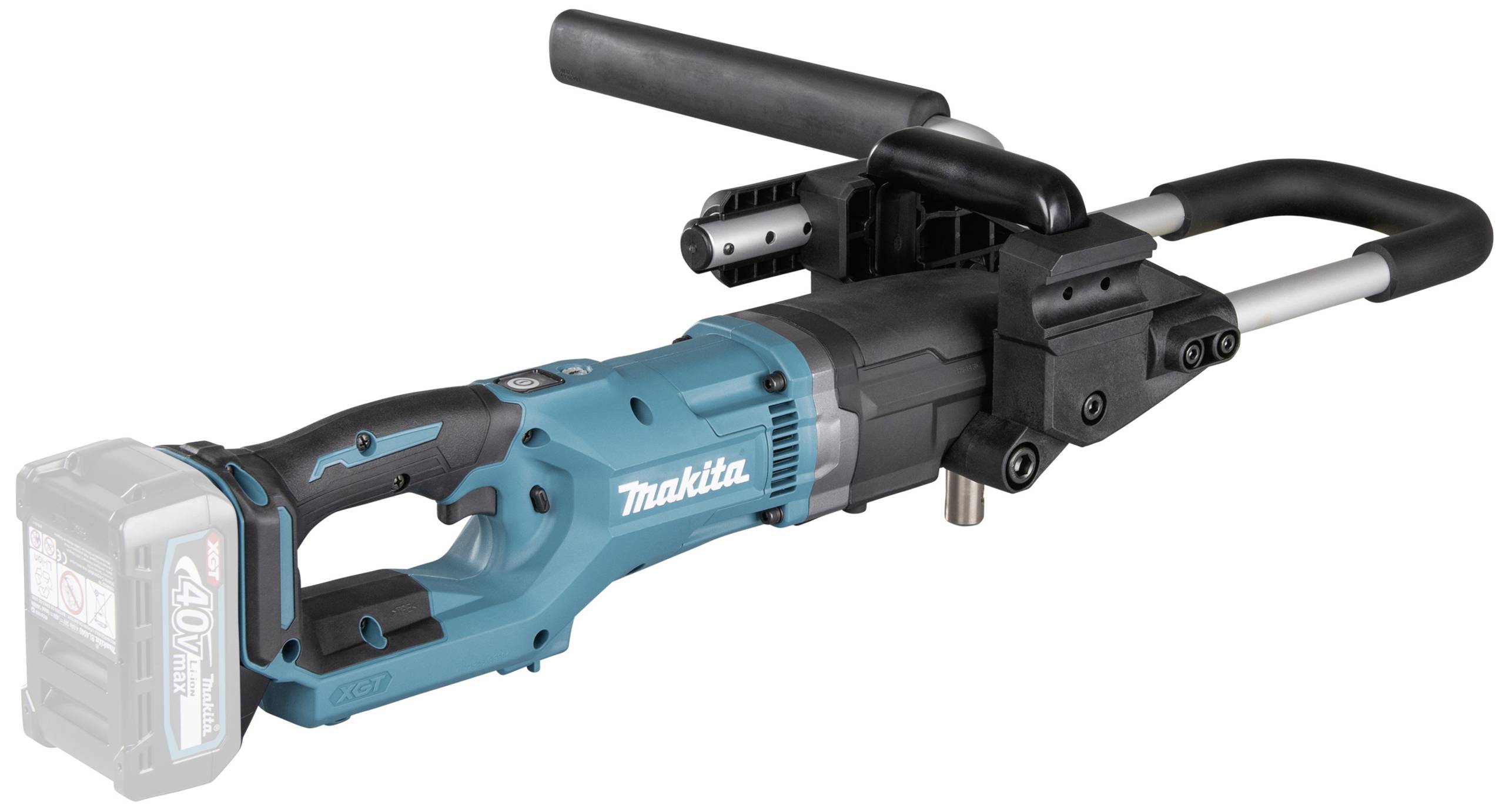 Akku-Erdbohrschrauber mit blauem Gehäuse und schwarzem Griff. Geeignet für Bohrarbeiten im Gartenbau oder Handwerk.