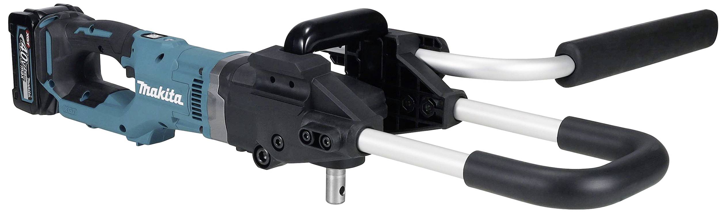 Ein blau-schwarzes Elektrowerkzeug mit Griffen, ähnlich einer elektrischen Kettensäge ohne Kette, von Makita mit Akku-Antrieb.