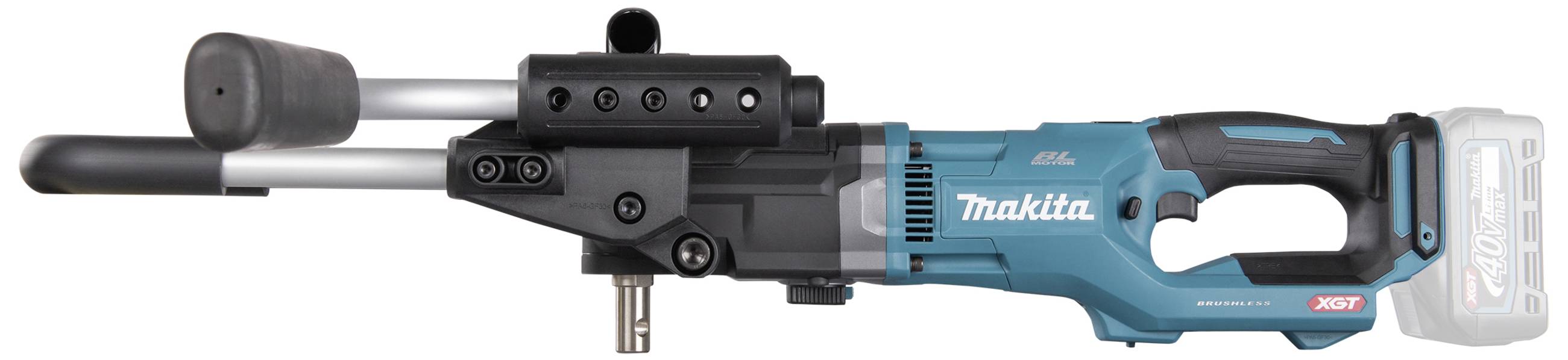 Langhals-Winkelbohrer mit blauem Gehäuse und schwarzem Griff, geeignet für schwer zugängliche Stellen, Markenname aufgedruckt.