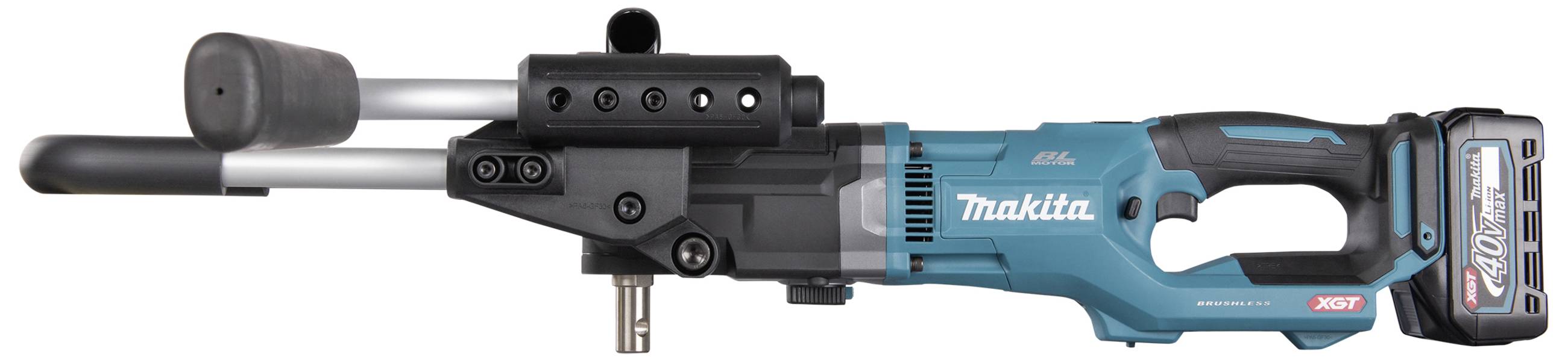 Akkubetriebener elektrischer Bohrhammer mit ergonomischem Griff und blauer Schutzabdeckung.