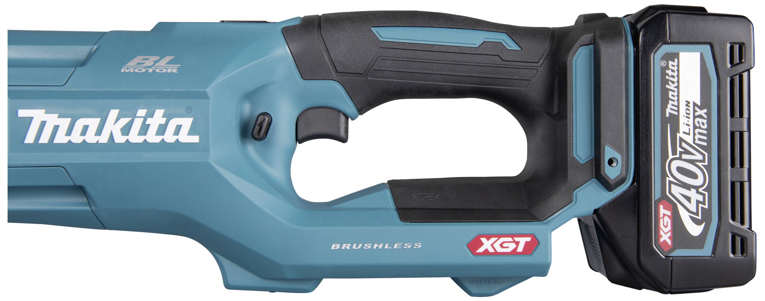Nahaufnahme eines Makita XGT 40V Akkuschraubers mit ergonomischem Griff und Akku.