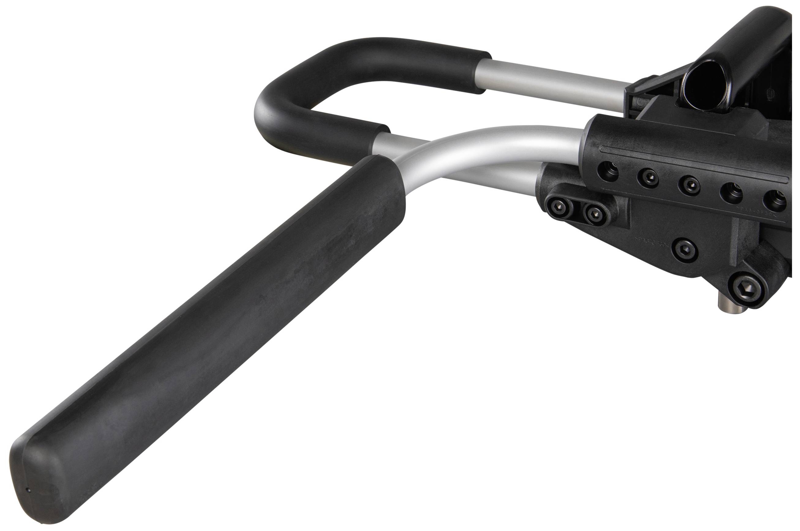 Ein verstellbarer, schwarzer und silberner Griff eines Fitnessgeräts, verwendet für Krafttraining.