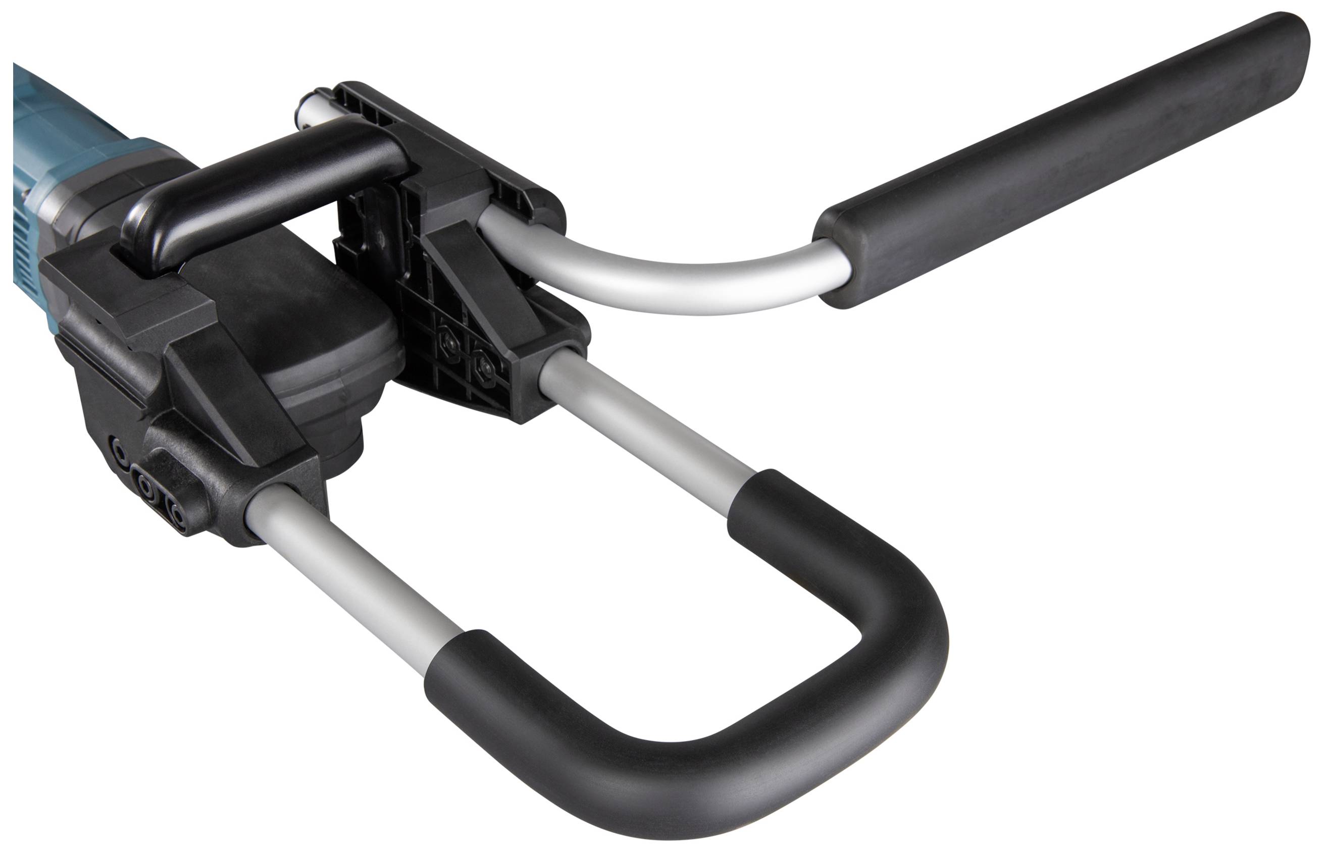 Nahaufnahme eines schwarz-silbernen Handgriffs eines Werkzeugs mit Gummigriffen und einer Metallstange.