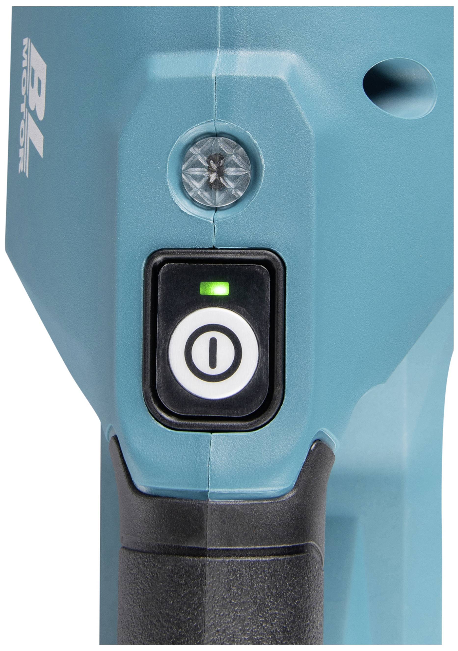 Ein blaues elektrisches Werkzeug mit einem schwarzen Ein-/Ausschalter, der grün leuchtet. Es hat eine schlanke, griffartige Form.