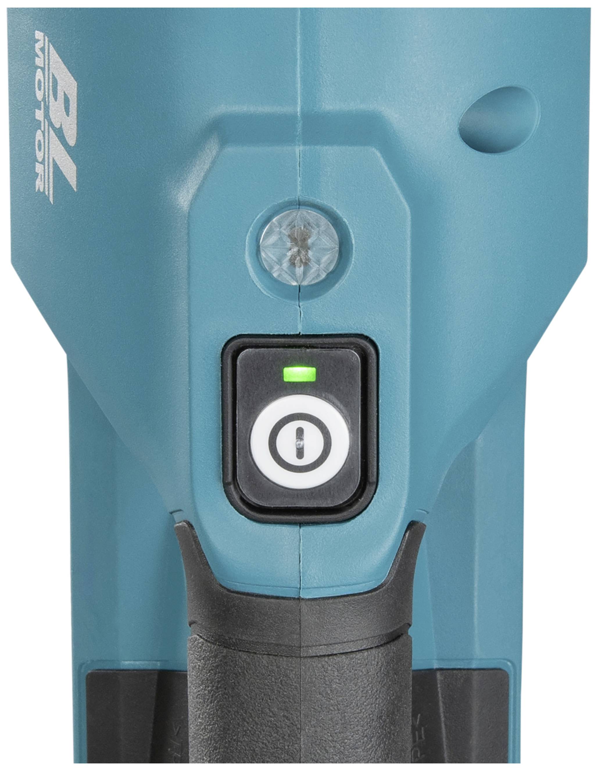 Nahaufnahme eines blauen Elektrowerkzeugs mit Ein-/Ausschalter und grün leuchtender LED-Anzeige, die den Betriebszustand zeigt.