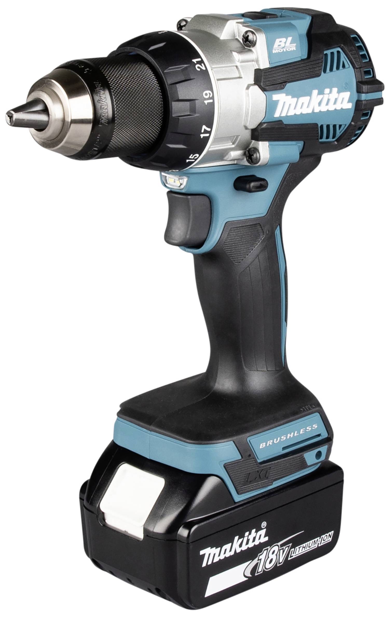 Akkubohrmaschine mit 18V Batterie, schwarz-blaues Design, geeignet für kabelloses Bohren; Fokus auf vielseitiger Einsatz in Heimwerkerprojekten.