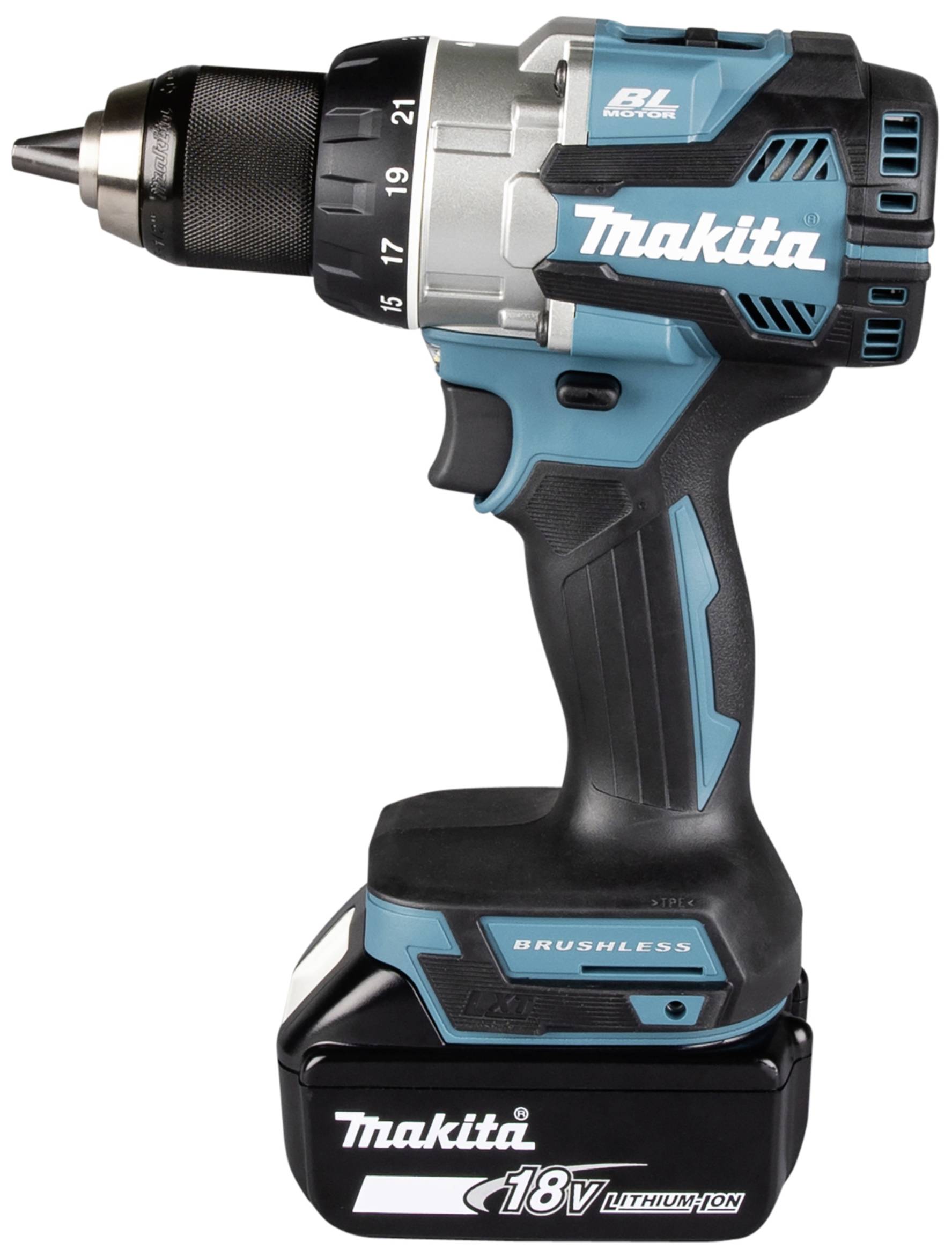 Akkubohrschrauber von Makita mit 18V Lithium-Ionen-Akku, blau-schwarz, ohne Kabel.