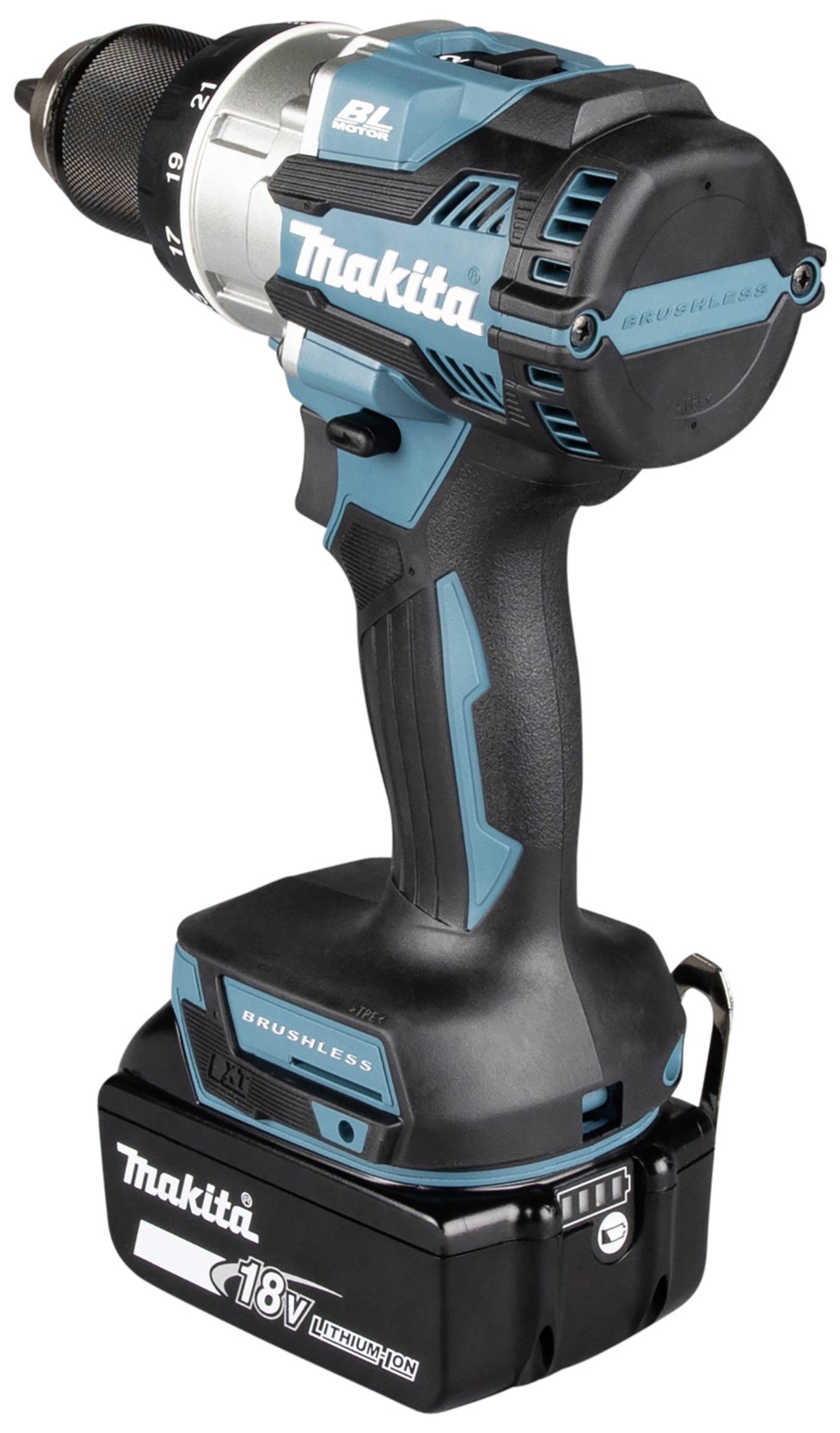 Akku-Bohrschrauber mit ergonomischem Griff, blau-schwarz, markiert mit 'BL' und '18V Lithium-Ionen'.