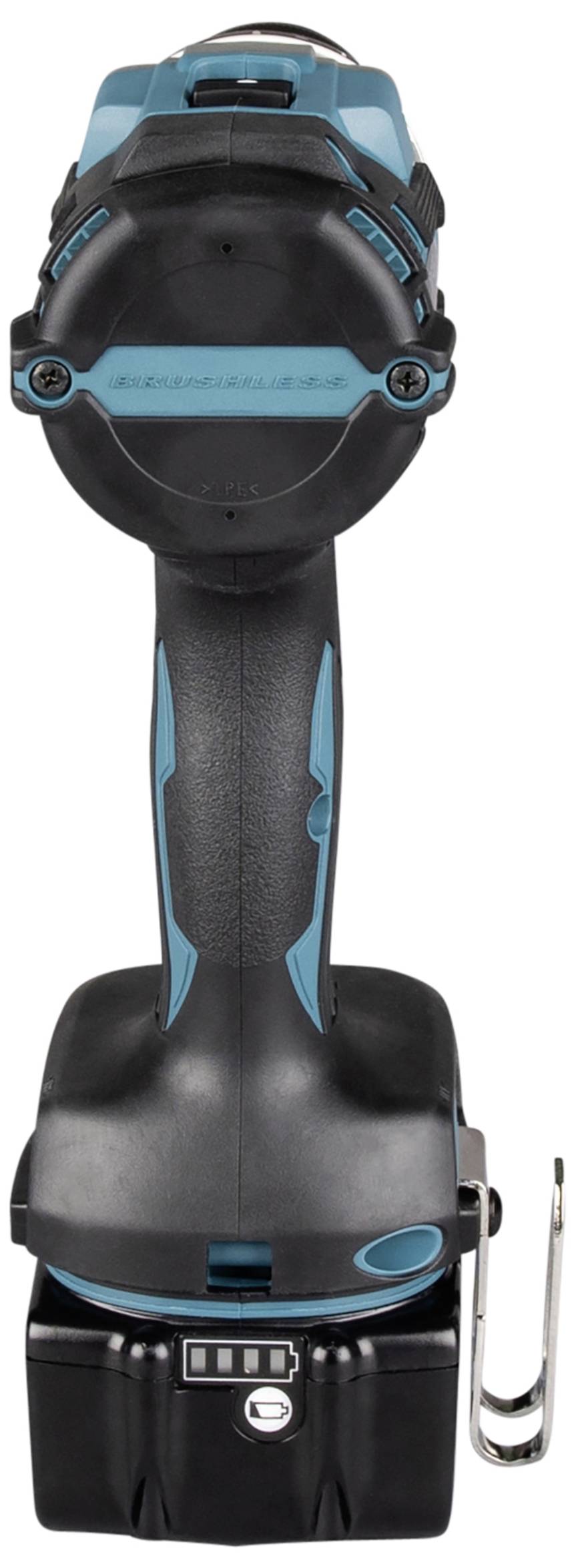 Ein kabelloser, schwarz-blauer Akkuschrauber von hinten, mit einem Ladezustandsanzeiger am Akku und einem Gürtelclip unten.