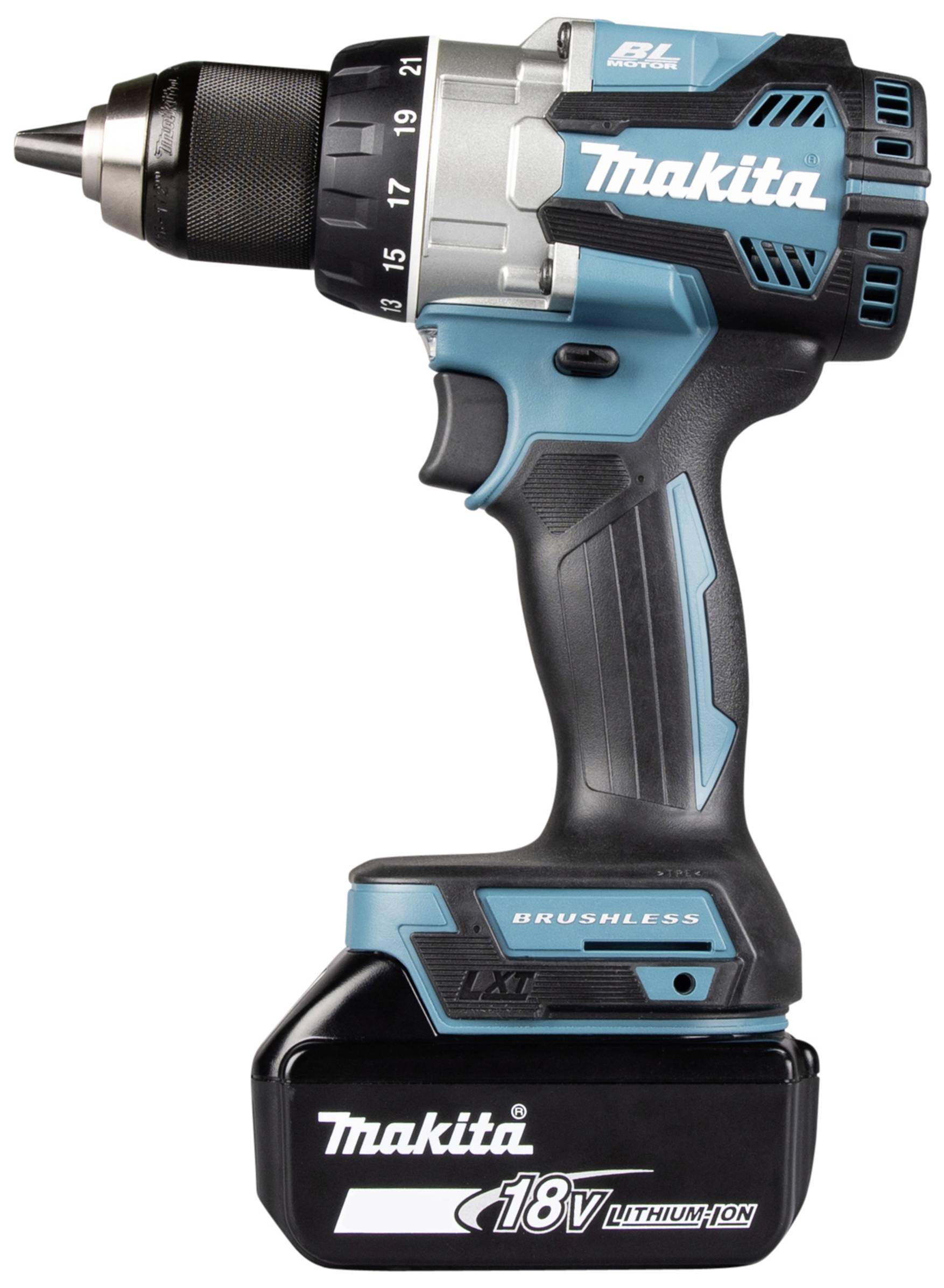 Akkubohrschrauber in Blau und Schwarz mit 18V Lithium-Ionen-Akku.