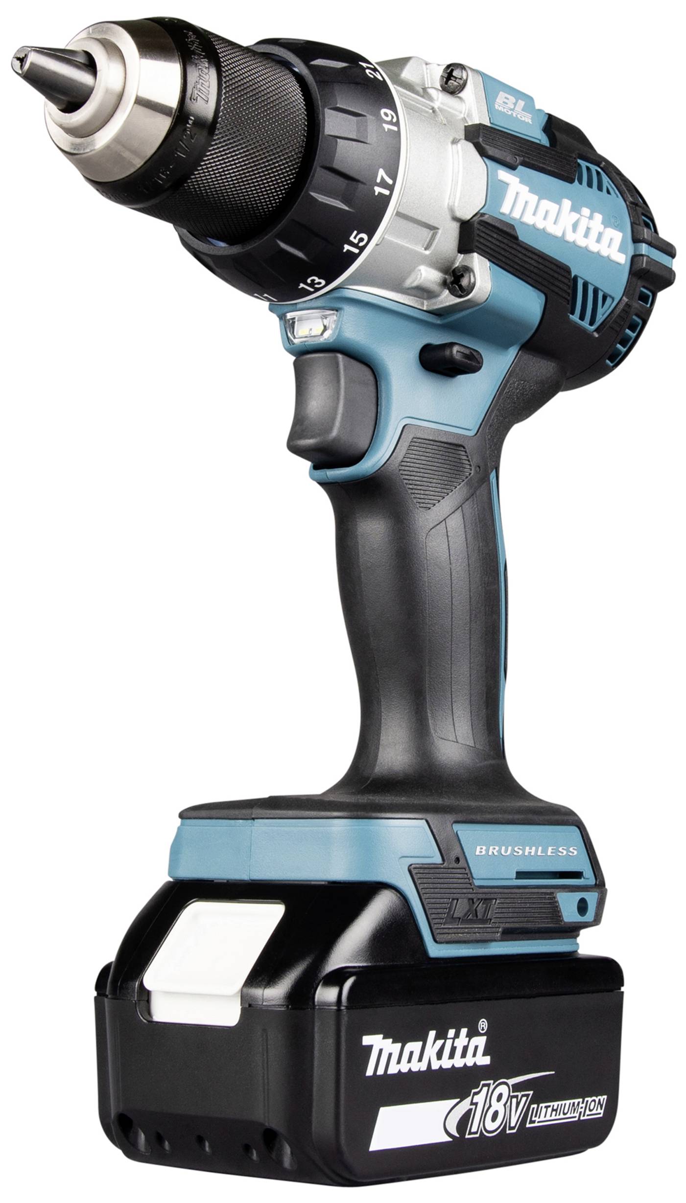 Kabelloser Bohrschrauber in Türkis und Schwarz mit 18V Lithium-Ionen-Akku, geeignet für Heimwerkerarbeiten, Marke auf dem Gehäuse sichtbar.