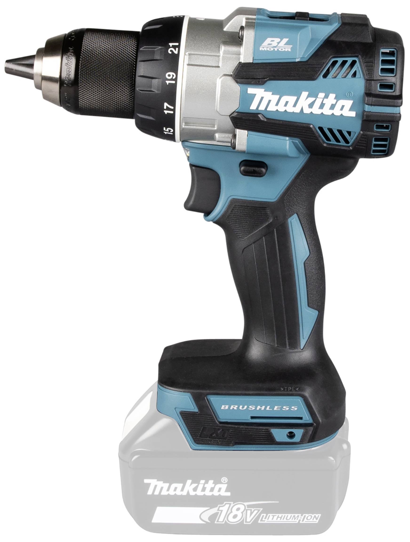Ein schnurloser, bürstenloser Akkubohrschrauber von Makita mit 18V Lithium-Ionen-Batterie, schwarz-türkises Design. Ideal für Heimwerker.