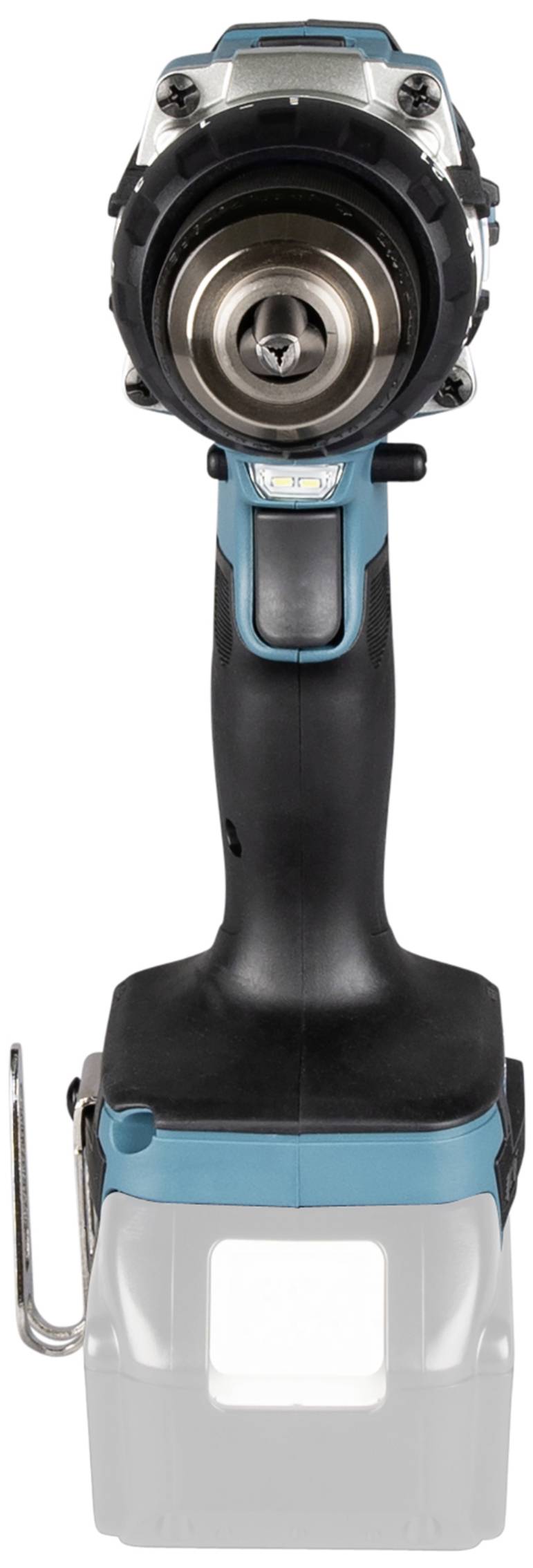 Akku-Bohrmaschine aus der Vorderansicht in Blau und Schwarz. Deutliche Sicht auf den Bohrkopf und ergonomischen Griff.