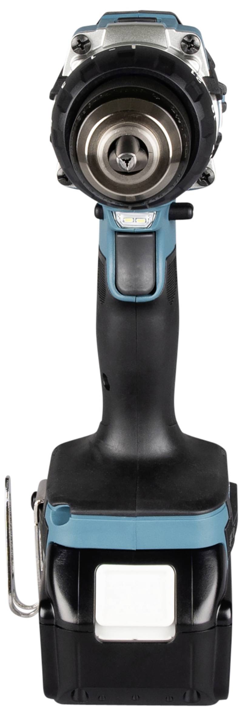 Akku-Bohrschrauber in Vorderansicht. Schwarzes und blaues Gehäuse mit silbernem Bohrkopf. Werkzeug für Heimwerker.