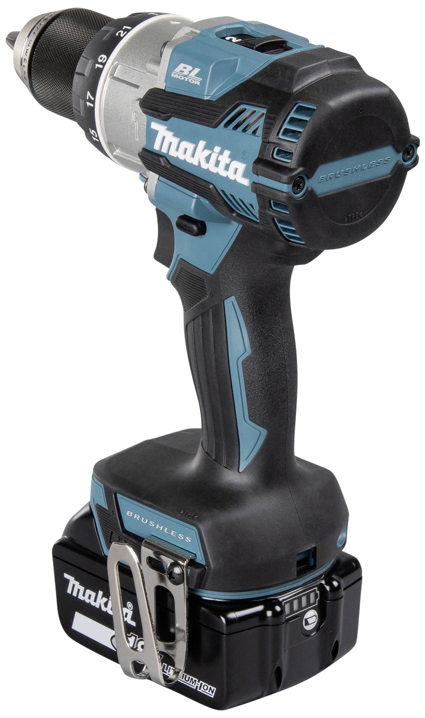 Ein blauer, schnurloser Bohrschrauber von Makita mit einem Akku an der Unterseite. Geeignet für Bau- und Heimwerkerarbeiten.
