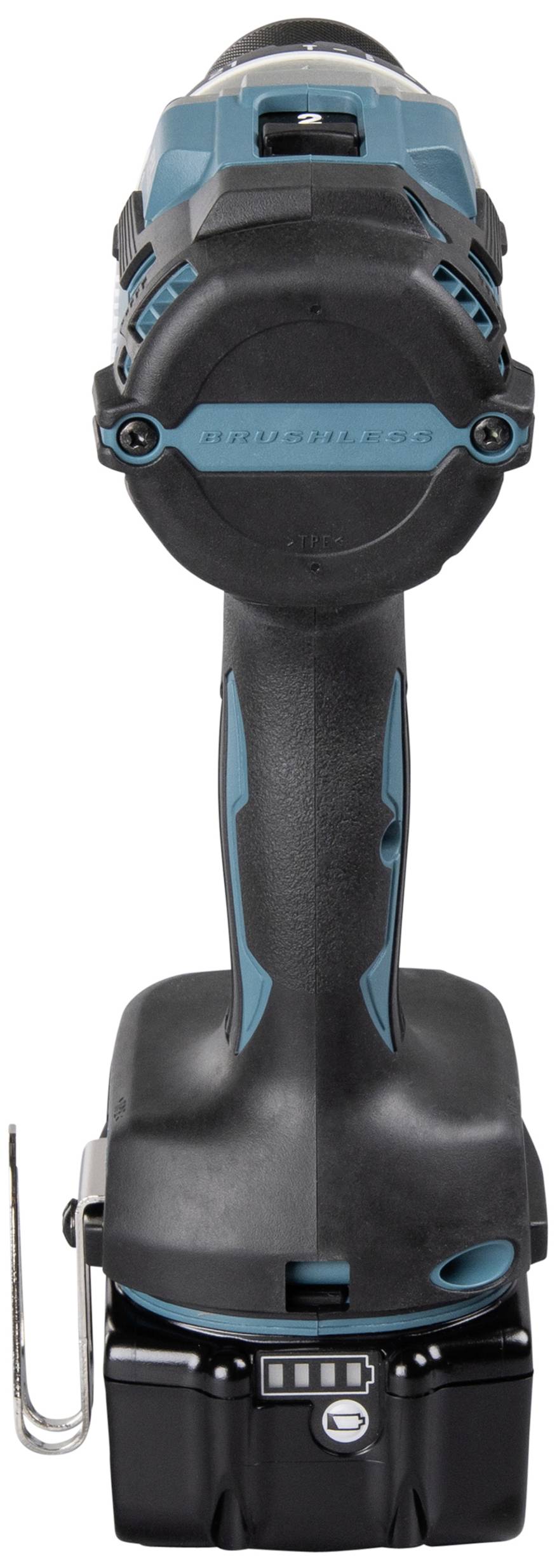 Akkubohrmaschine in blau-schwarzem Design, Rückansicht. Akku unten, Halterung links sichtbar.