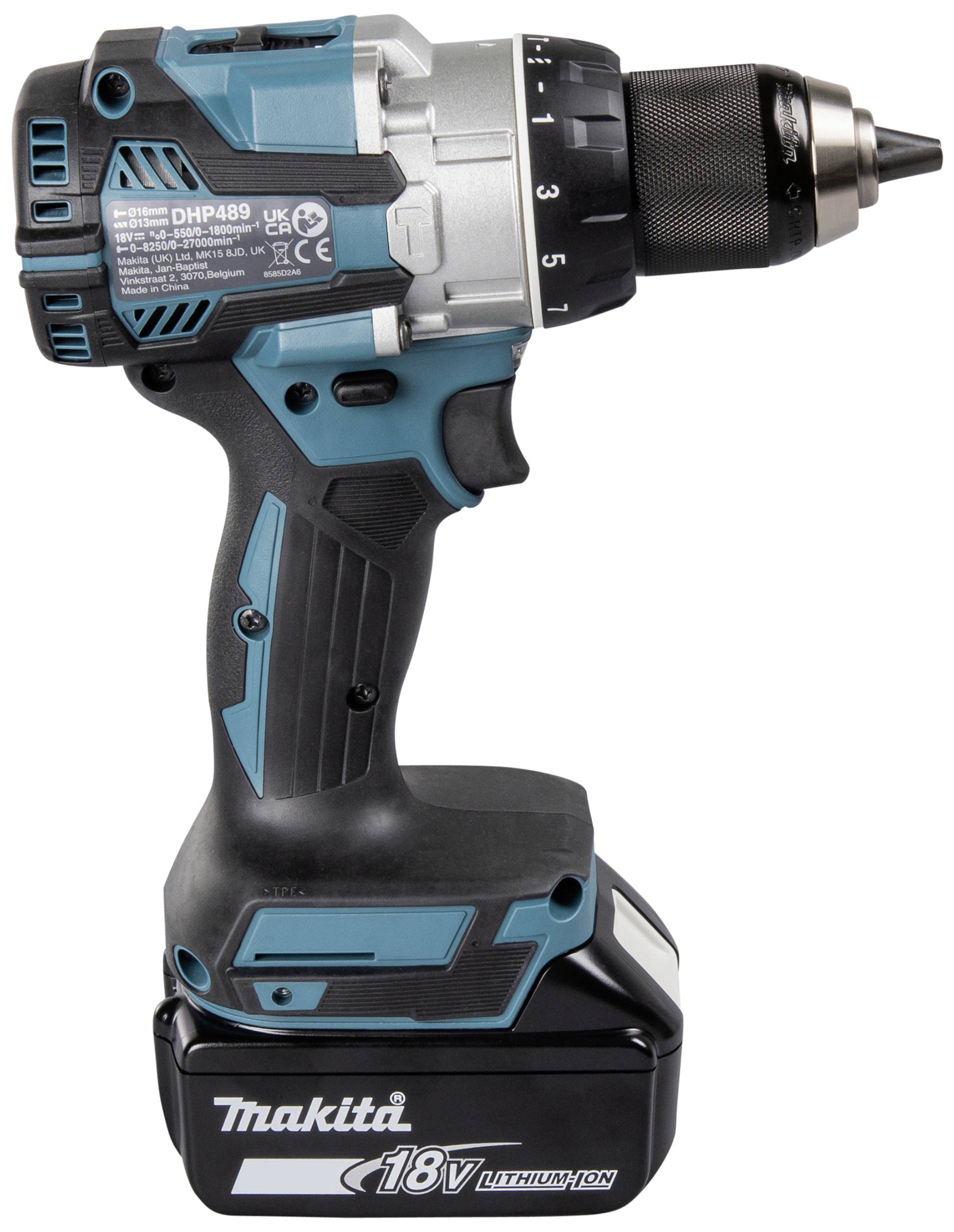 Ein Akkubohrschrauber mit blau-schwarzem Design und 18V Lithium-Akku, ideal zum Bohren und Schrauben in verschiedenen Materialien.