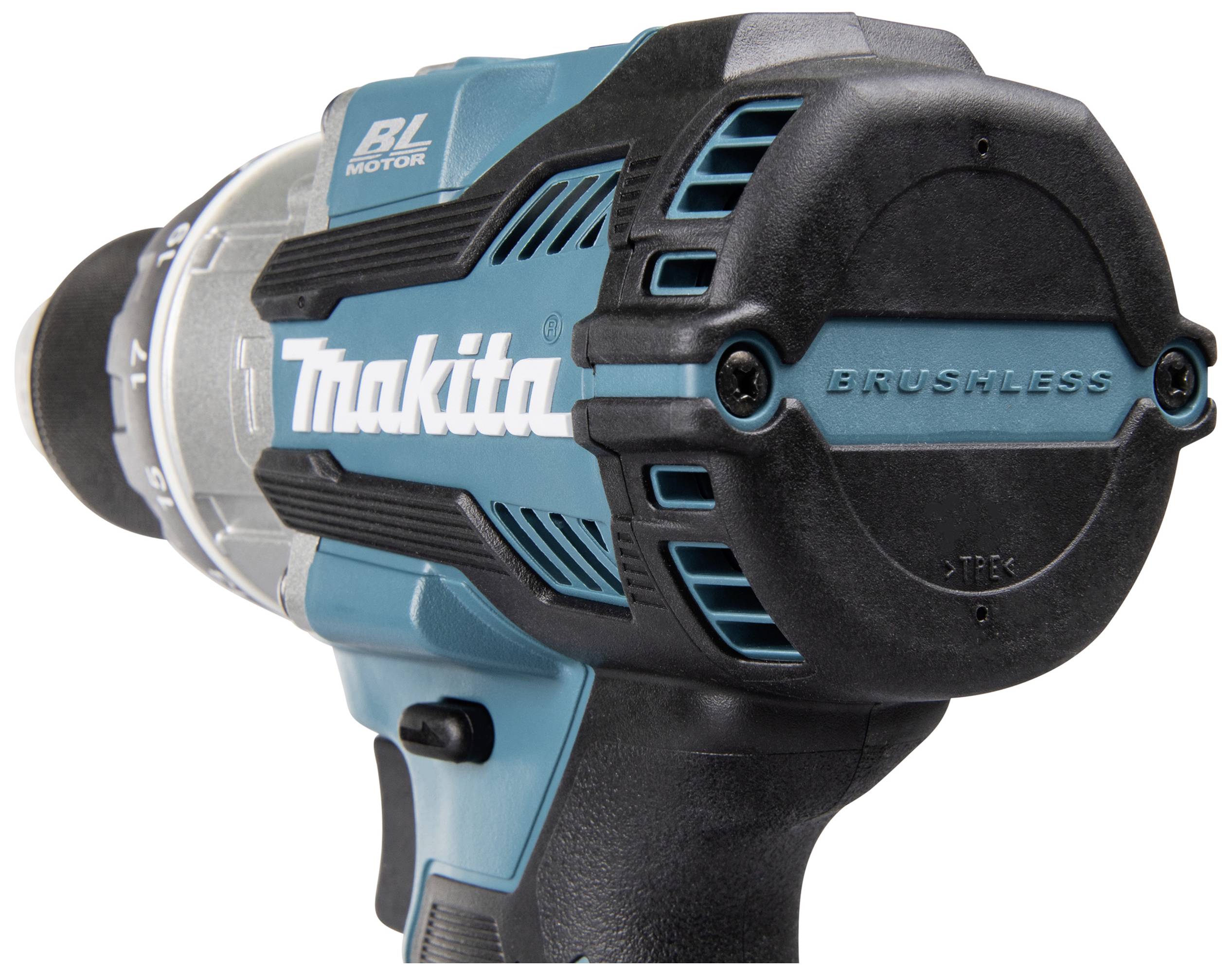 Ein kabelloser, blauer Akkuschrauber mit der Aufschrift 'Brushless' und 'Makita', geeignet für Heimwerker- und Profiarbeiten.